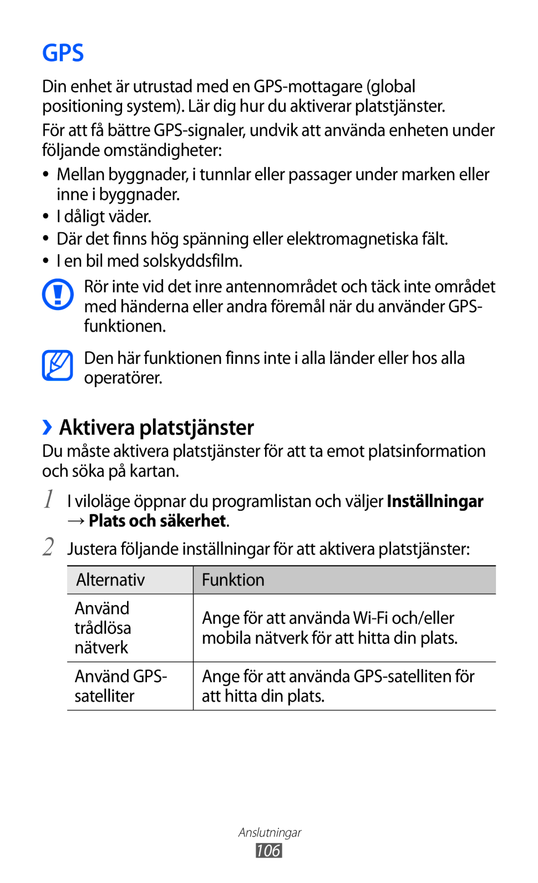 Samsung GT-S7500CWANEE, GT-S7500ABANEE manual ››Aktivera platstjänster, → Plats och säkerhet, Satelliter Att hitta din plats 