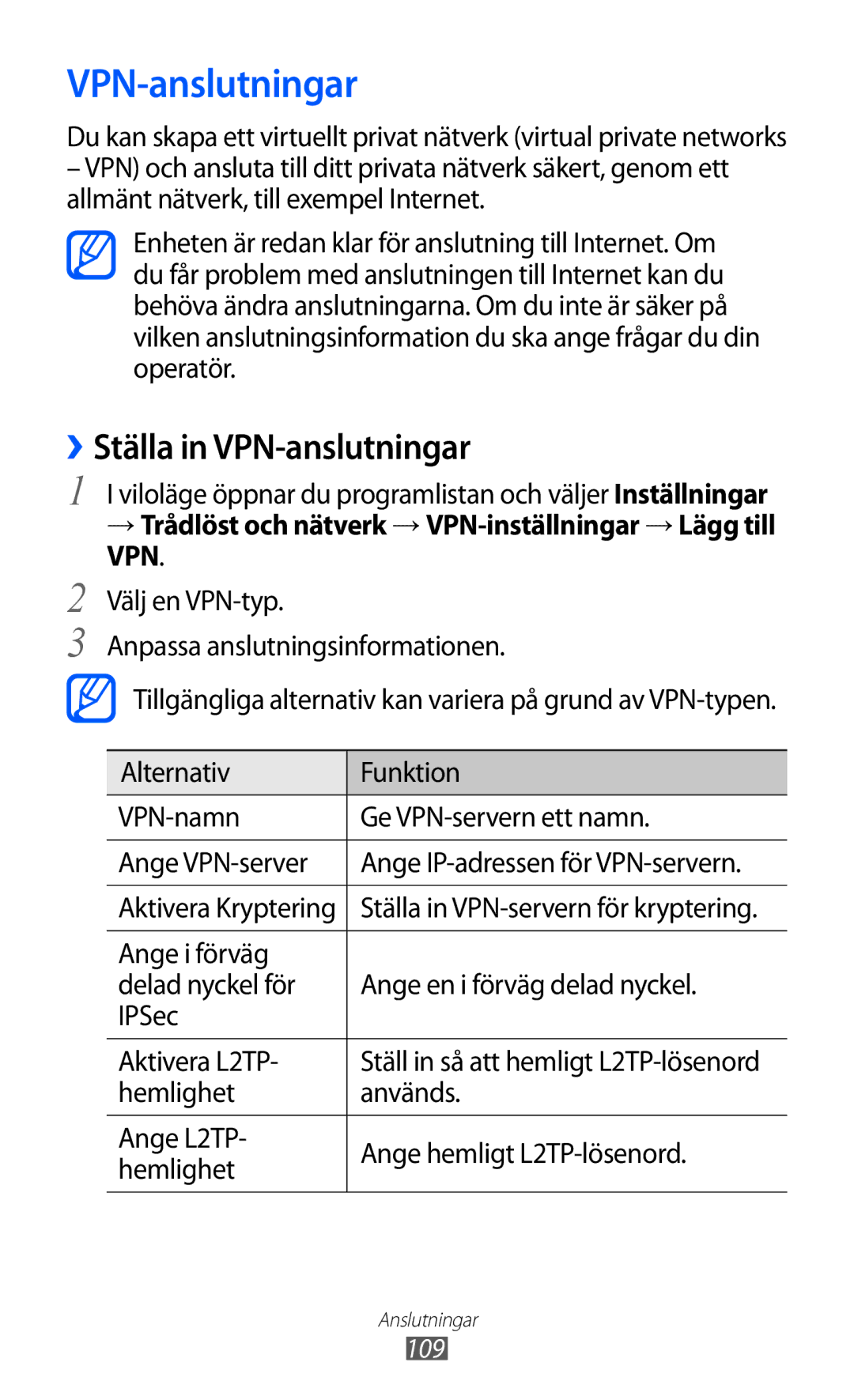 Samsung GT-S7500ABANEE manual ››Ställa in VPN-anslutningar, → Trådlöst och nätverk → VPN-inställningar → Lägg till VPN 