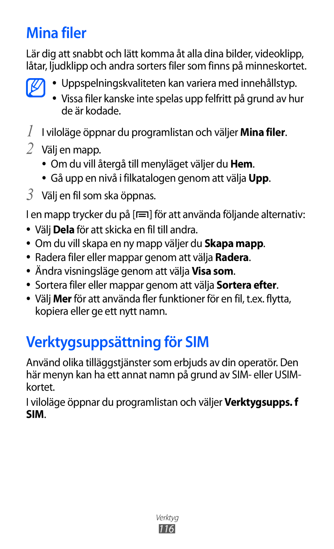 Samsung GT-S7500CWANEE, GT-S7500ABANEE Mina filer, Verktygsuppsättning för SIM, Välj Dela för att skicka en fil till andra 