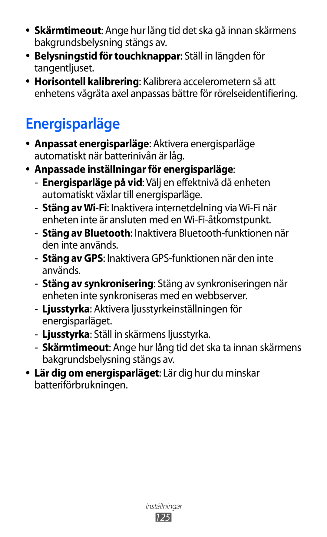 Samsung GT-S7500ABANEE, GT-S7500CWANEE manual Energisparläge, Belysningstid för touchknappar Ställ in längden för 