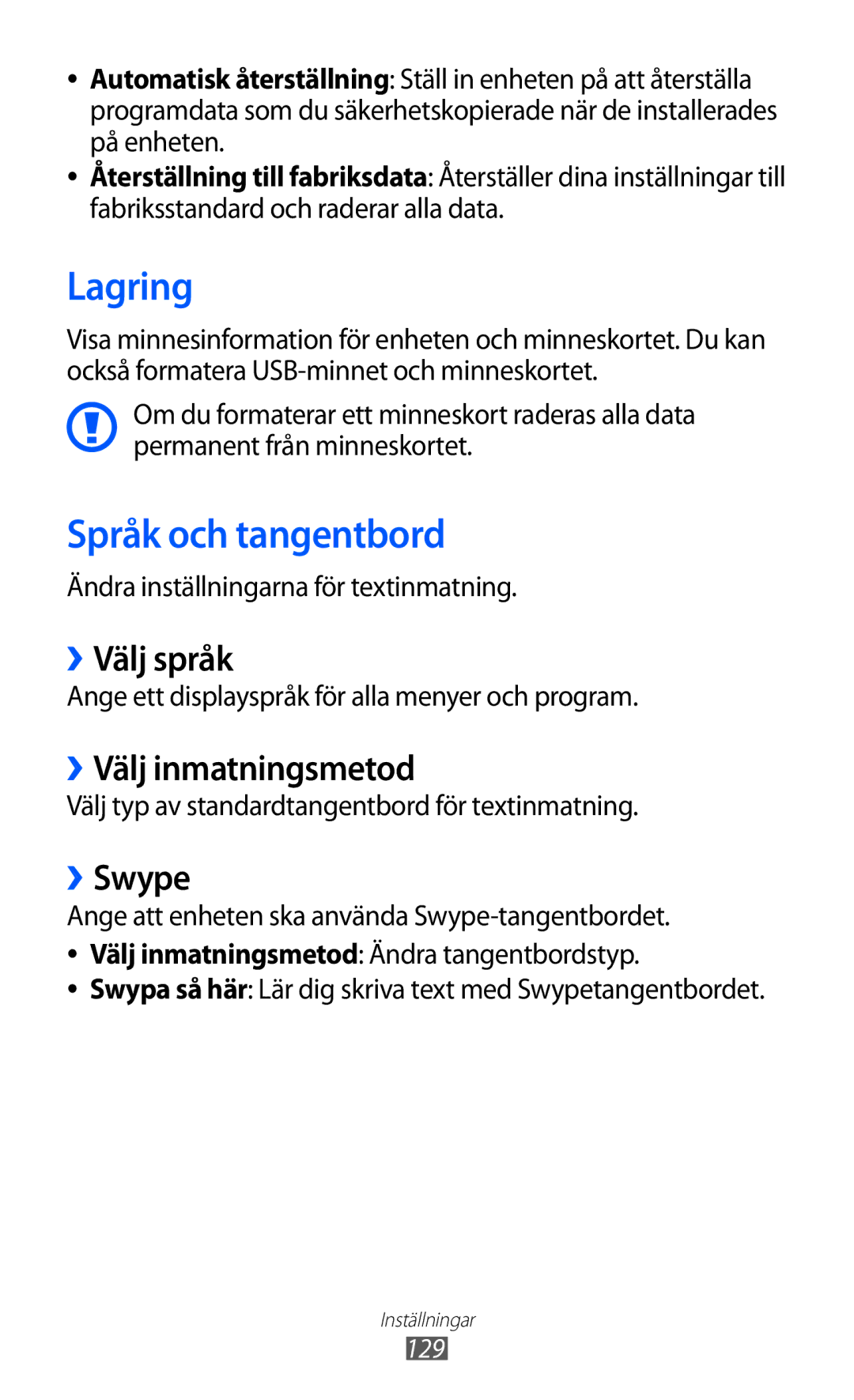 Samsung GT-S7500ABANEE, GT-S7500CWANEE manual Lagring, Språk och tangentbord, ››Välj språk, ››Välj inmatningsmetod, ››Swype 