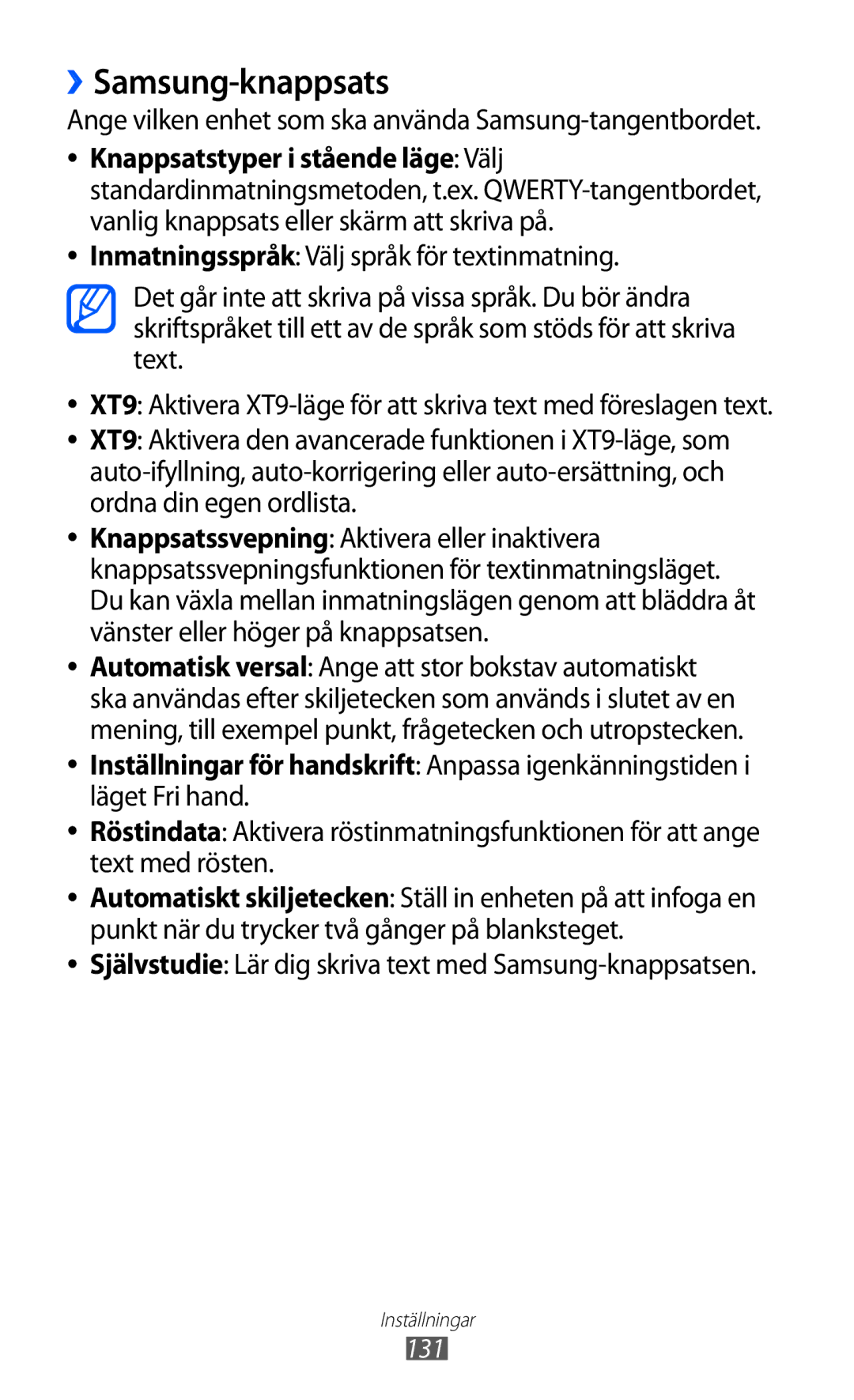 Samsung GT-S7500ABANEE, GT-S7500CWANEE manual ››Samsung-knappsats, Ange vilken enhet som ska använda Samsung-tangentbordet 