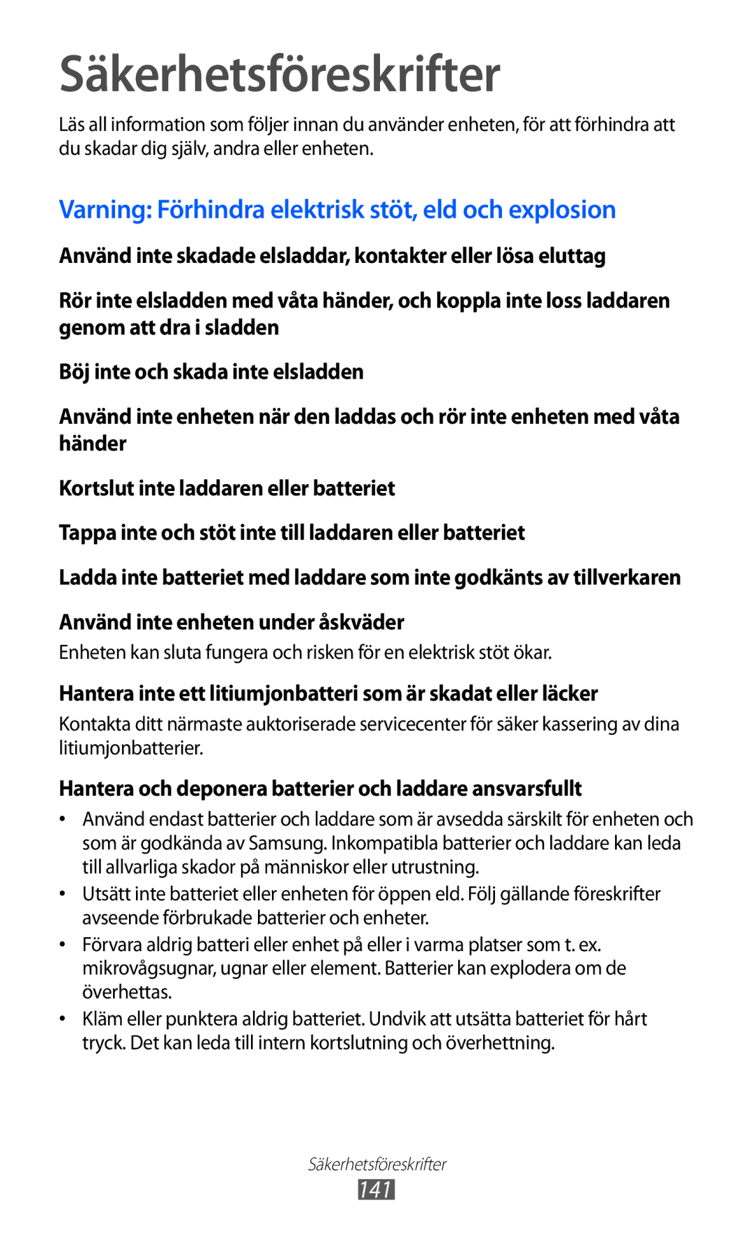 Samsung GT-S7500ABANEE, GT-S7500CWANEE manual Säkerhetsföreskrifter, Varning Förhindra elektrisk stöt, eld och explosion 