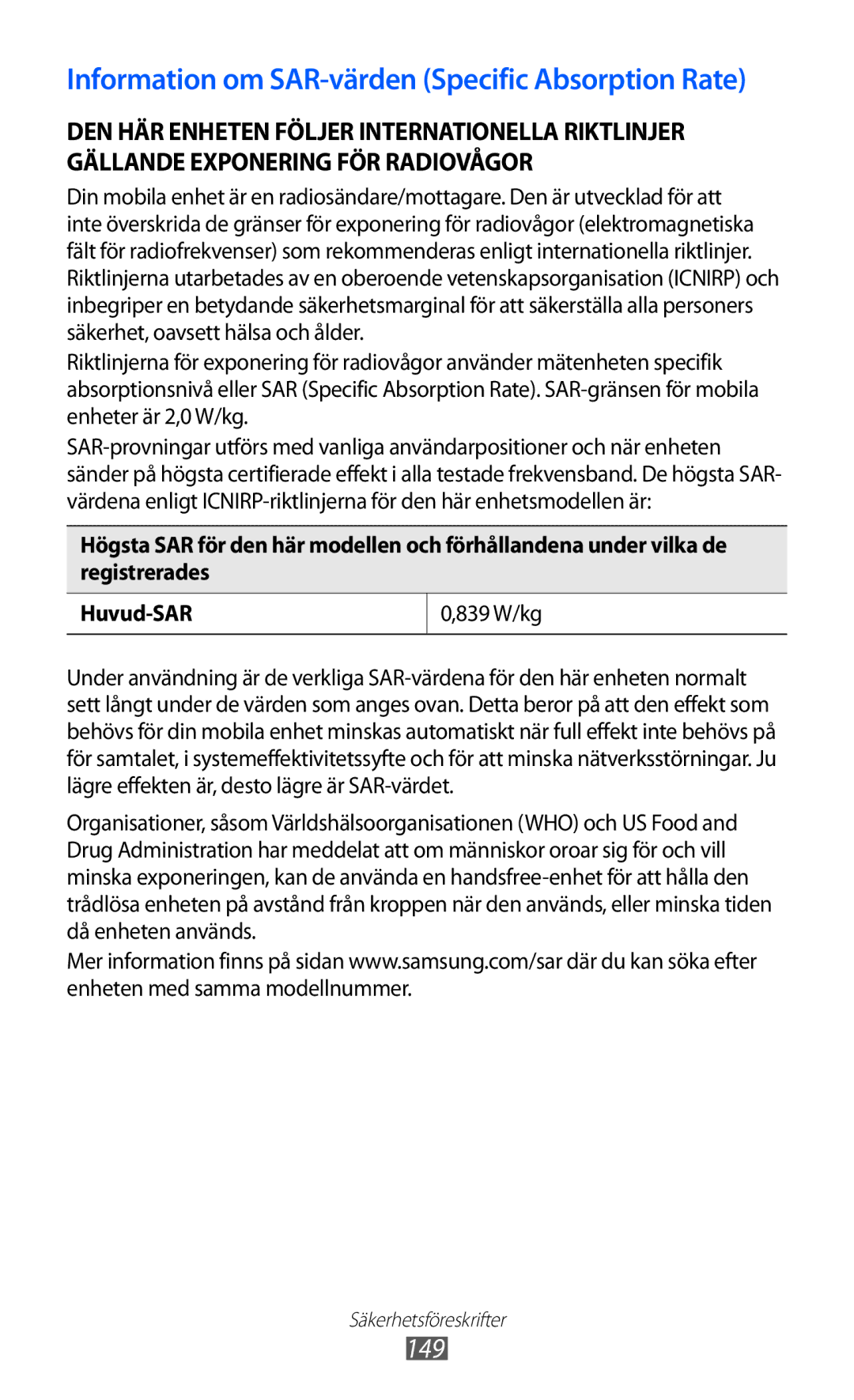 Samsung GT-S7500ABANEE, GT-S7500CWANEE manual Information om SAR-värden Specific Absorption Rate 