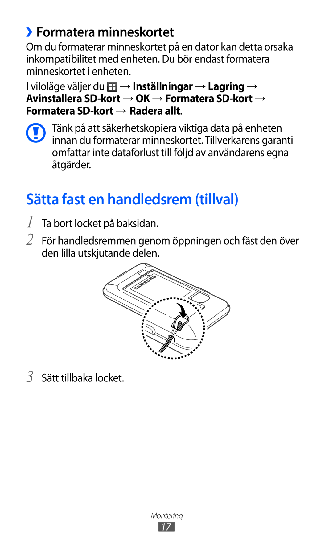 Samsung GT-S7500ABANEE, GT-S7500CWANEE manual Sätta fast en handledsrem tillval, ››Formatera minneskortet 