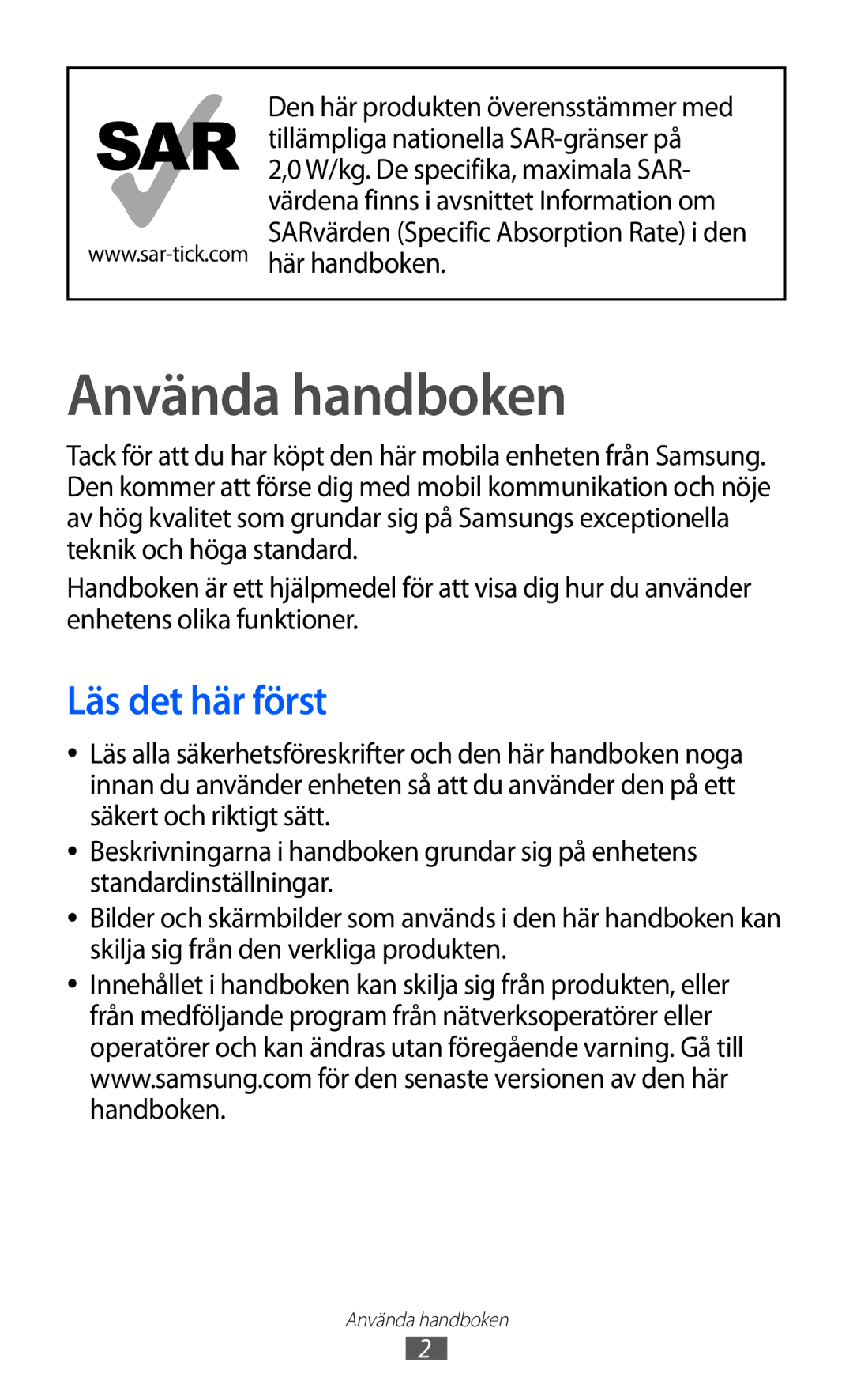 Samsung GT-S7500CWANEE, GT-S7500ABANEE manual Använda handboken, Läs det här först 