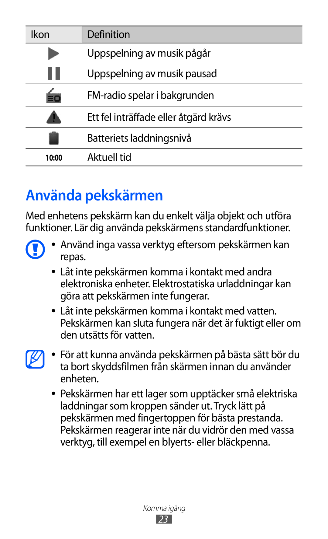 Samsung GT-S7500ABANEE manual Använda pekskärmen, Aktuell tid, Använd inga vassa verktyg eftersom pekskärmen kan repas 