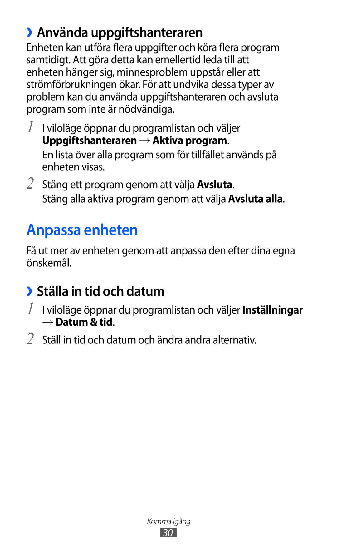 Samsung GT-S7500CWANEE manual Anpassa enheten, ››Använda uppgiftshanteraren, ››Ställa in tid och datum, → Datum & tid 