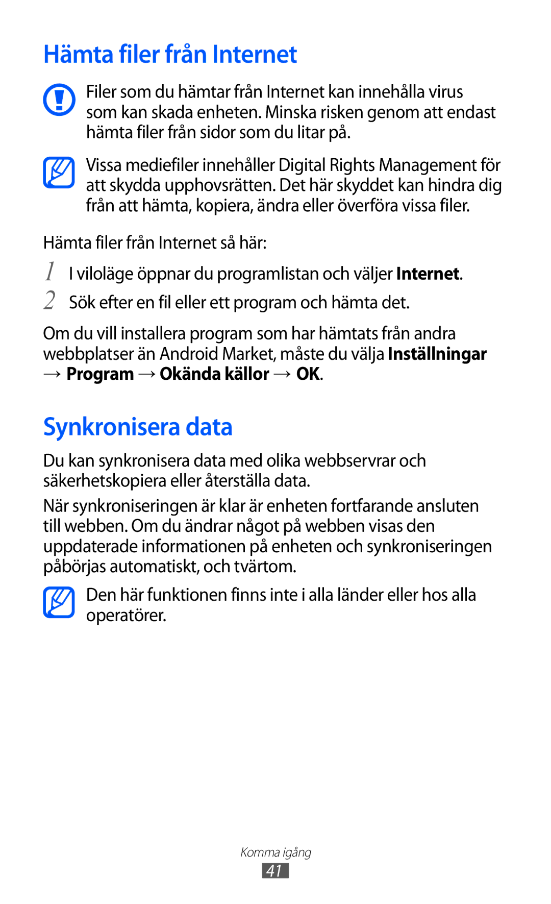 Samsung GT-S7500ABANEE manual Synkronisera data, Hämta filer från Internet så här, → Program → Okända källor → OK 