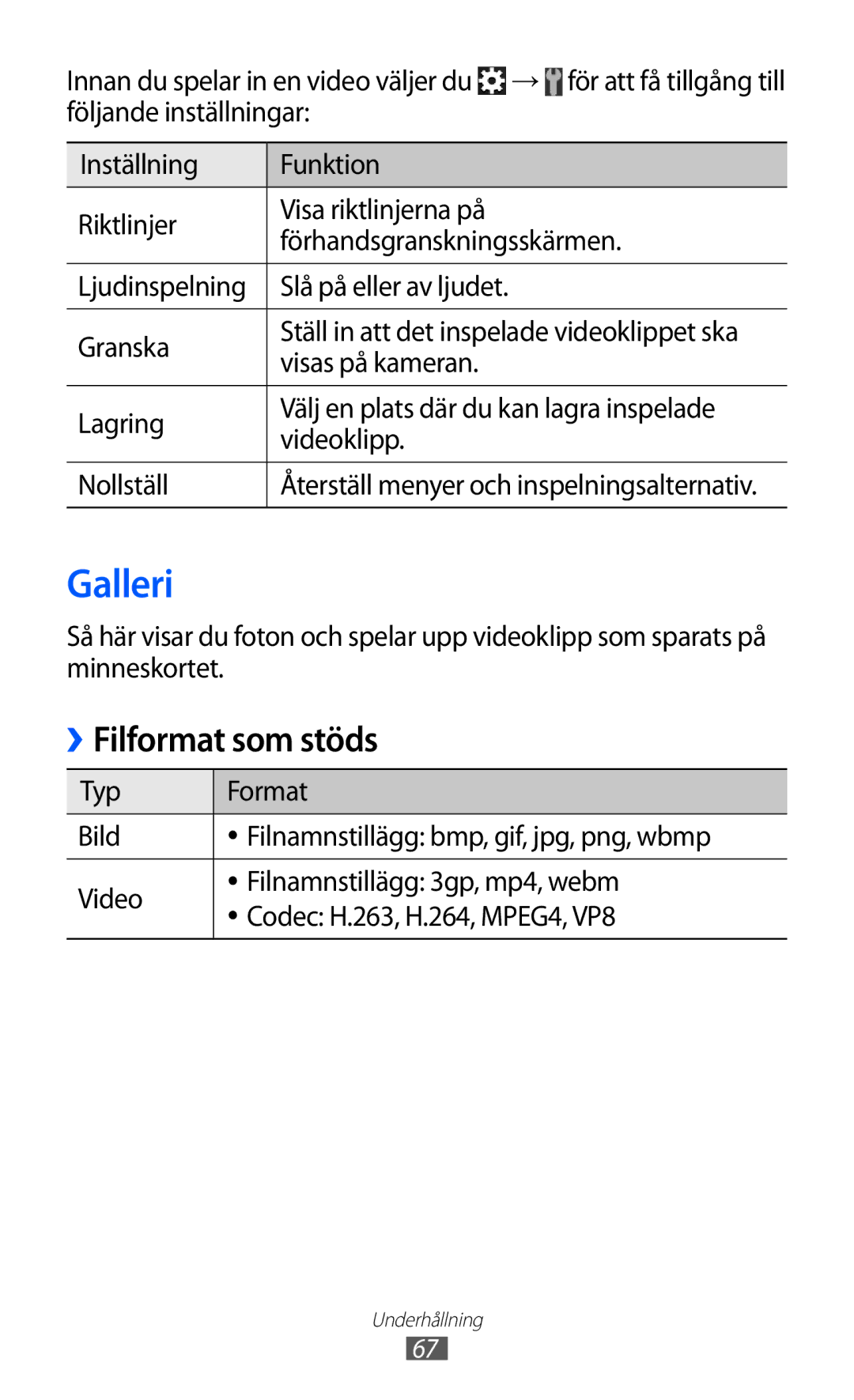 Samsung GT-S7500ABANEE, GT-S7500CWANEE manual Galleri, Filformat som stöds, Visas på kameran 