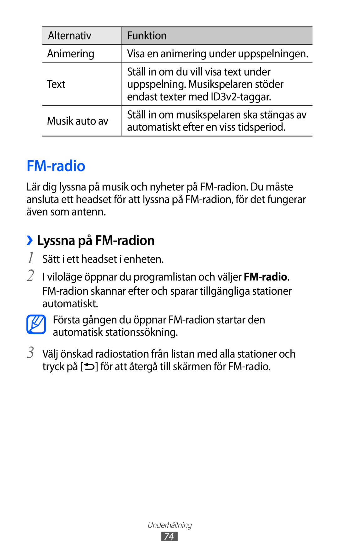 Samsung GT-S7500CWANEE manual ››Lyssna på FM-radion, Alternativ Funktion Animering, Ställ in om du vill visa text under 