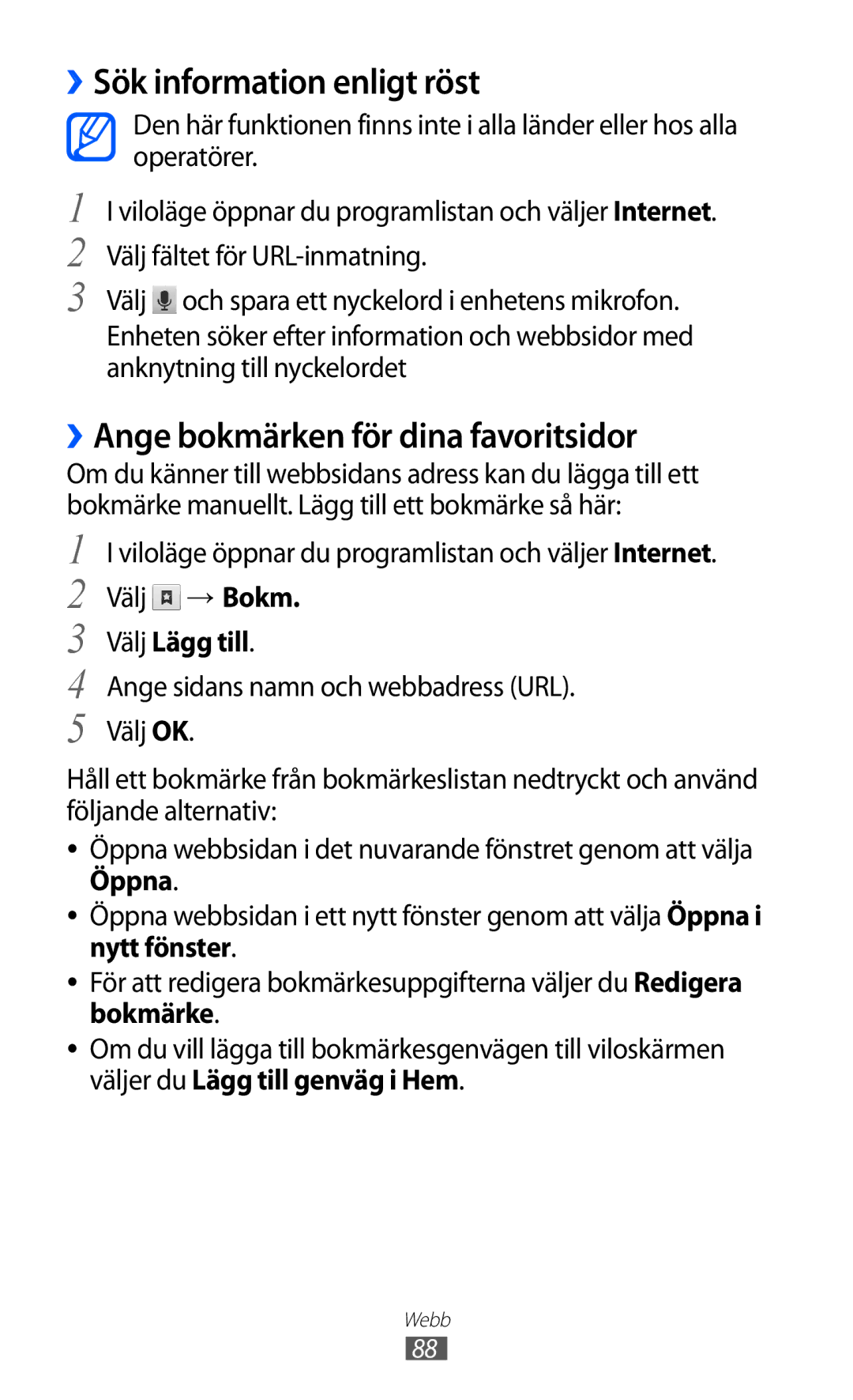 Samsung GT-S7500CWANEE manual ››Sök information enligt röst, ››Ange bokmärken för dina favoritsidor, Välj Lägg till 