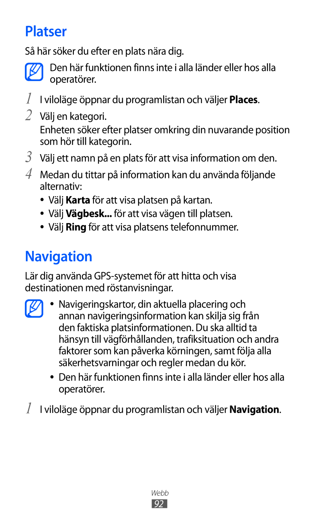 Samsung GT-S7500CWANEE, GT-S7500ABANEE manual Platser, Navigation 