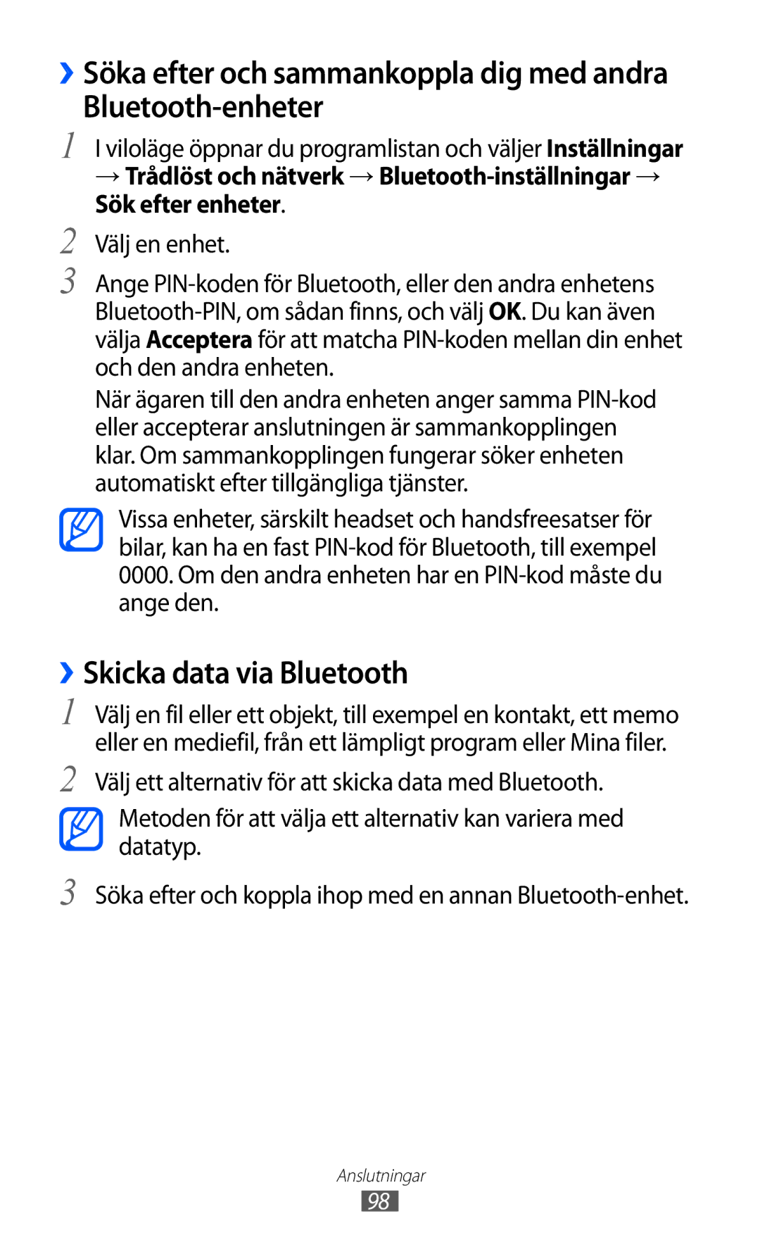 Samsung GT-S7500CWANEE, GT-S7500ABANEE manual Bluetooth-enheter, ››Skicka data via Bluetooth 