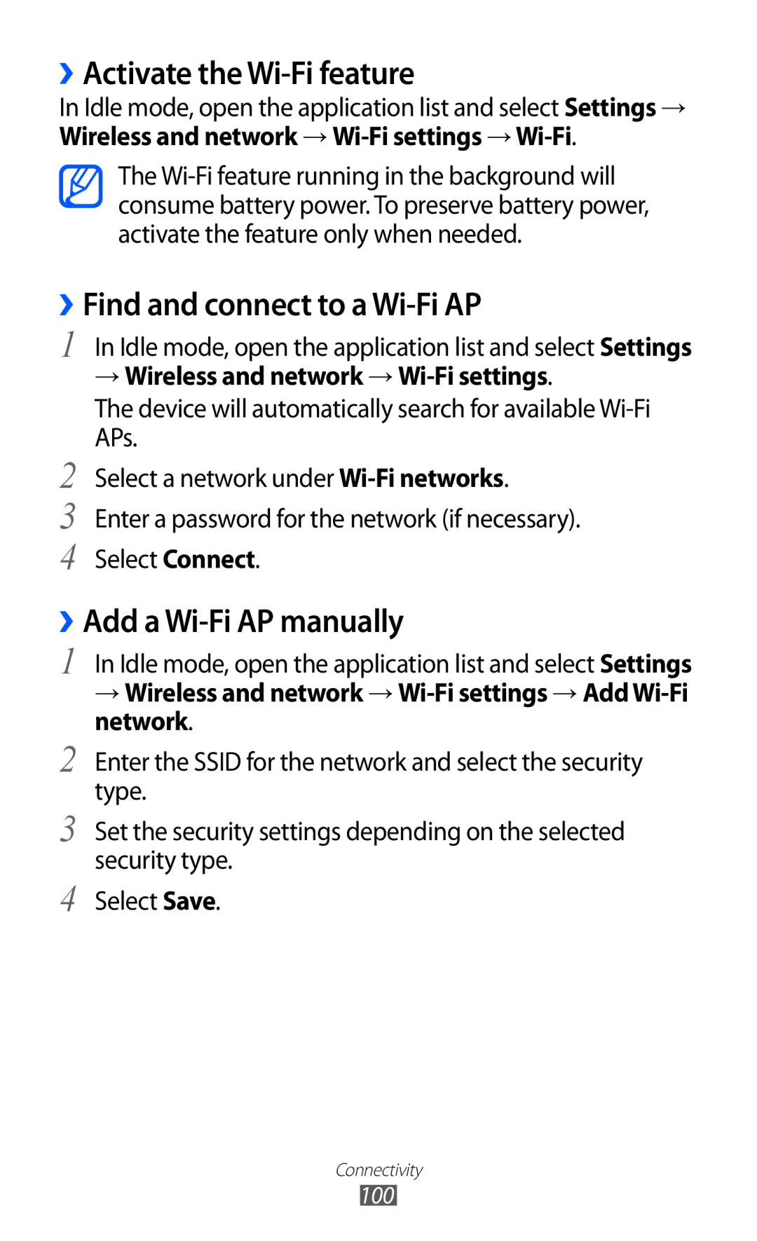 Samsung GT-S7500ABATHR ››Activate the Wi-Fi feature, ››Find and connect to a Wi-Fi AP, ››Add a Wi-Fi AP manually 