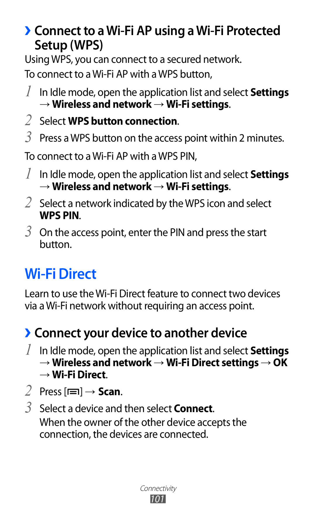 Samsung GT-S7500ABAEGY, GT-S7500CWATUR manual Setup WPS, ››Connect your device to another device, → Wi-Fi Direct 