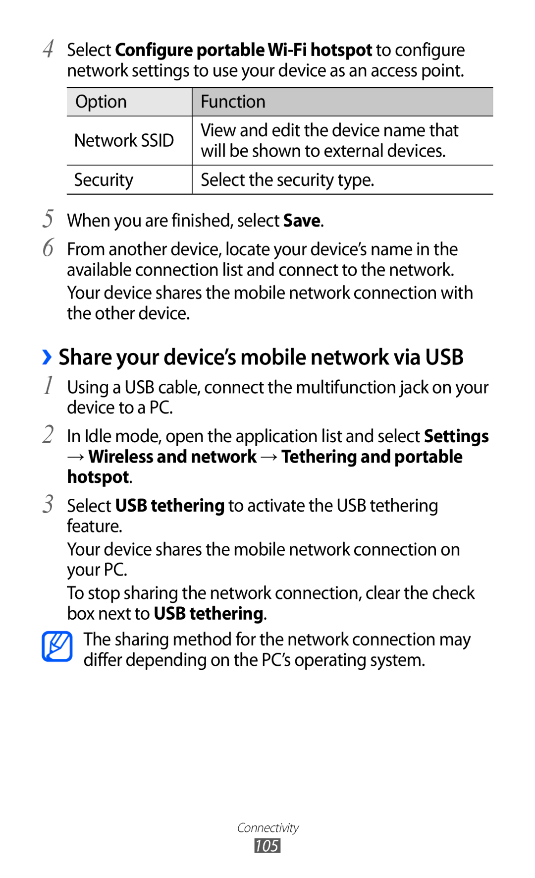 Samsung GT-S7500ABATUN, GT-S7500CWATUR, GT-S7500ABADBT manual → Wireless and network → Tethering and portable hotspot, 105 