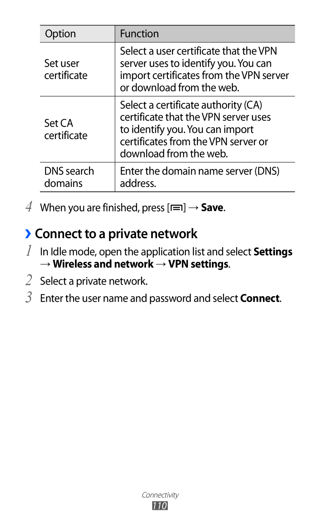 Samsung GT-S7500ABAKSA, GT-S7500CWATUR, GT-S7500ABADBT, GT-S7500CWADBT, GT-S7500CWATCL manual ››Connect to a private network 