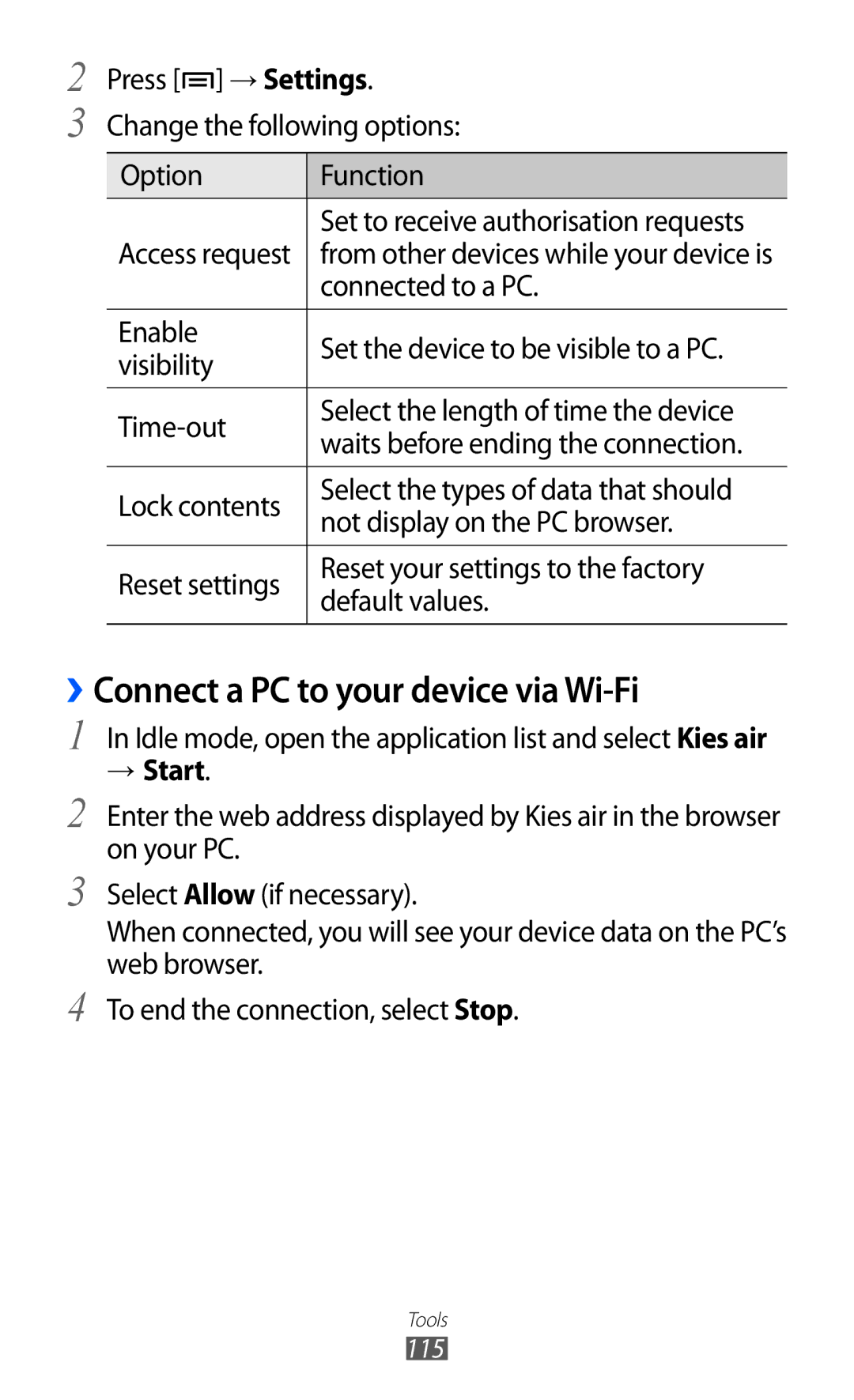 Samsung GT-S7500CWAJED, GT-S7500CWATUR, GT-S7500ABADBT manual ››Connect a PC to your device via Wi-Fi, Connected to a PC, 115 