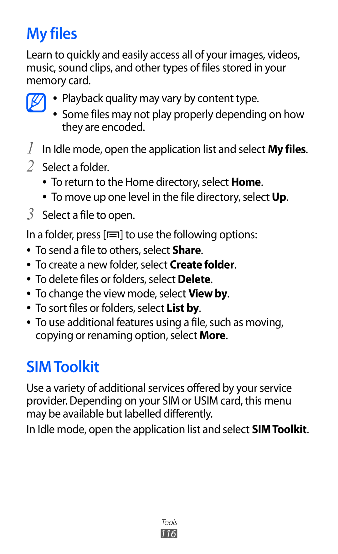 Samsung GT-S7500CWAKSA, GT-S7500CWATUR manual My files, Idle mode, open the application list and select SIM Toolkit, 116 