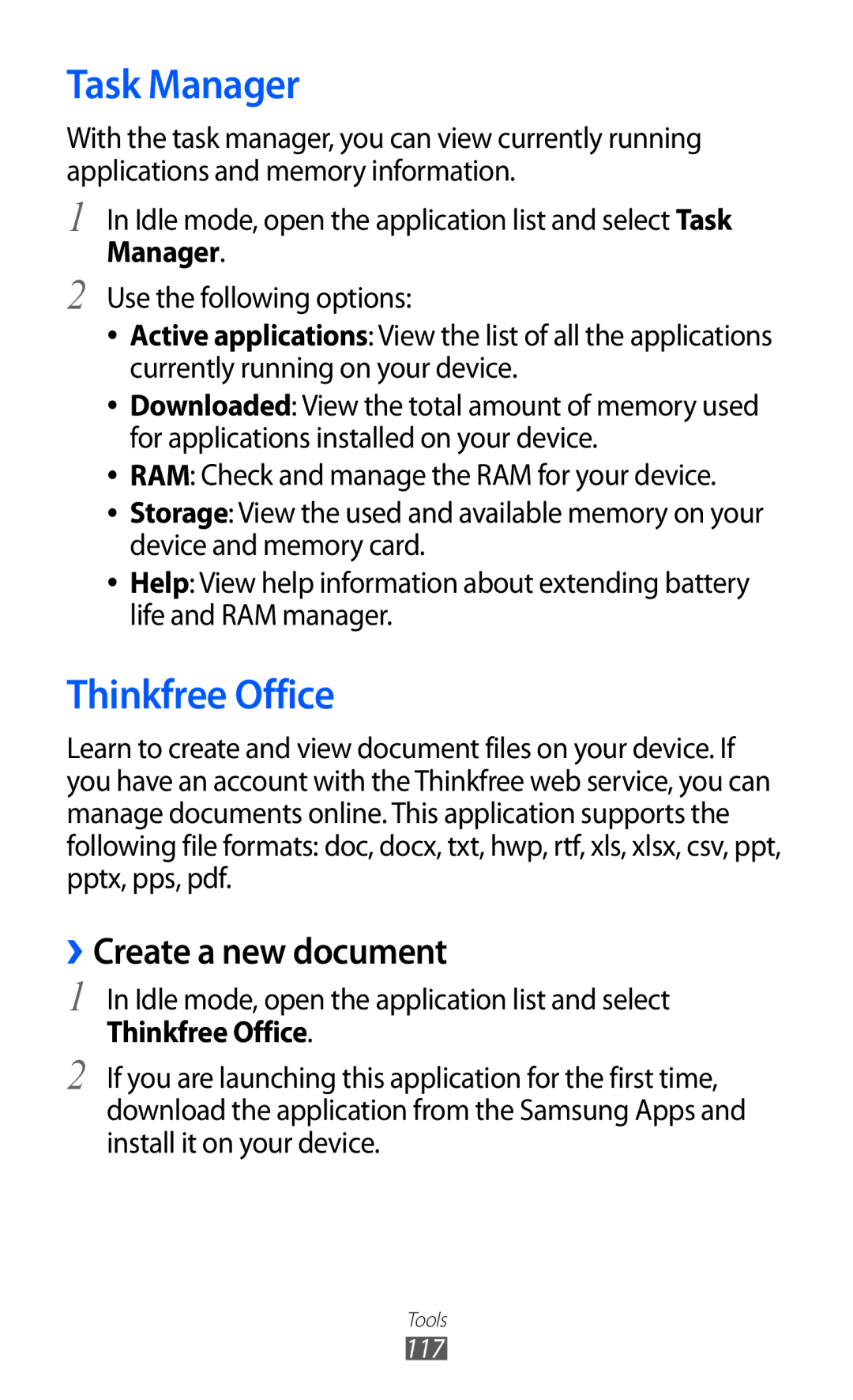 Samsung GT-S7500CWAMID, GT-S7500CWATUR, GT-S7500ABADBT manual Task Manager, Thinkfree Office, ››Create a new document, 117 