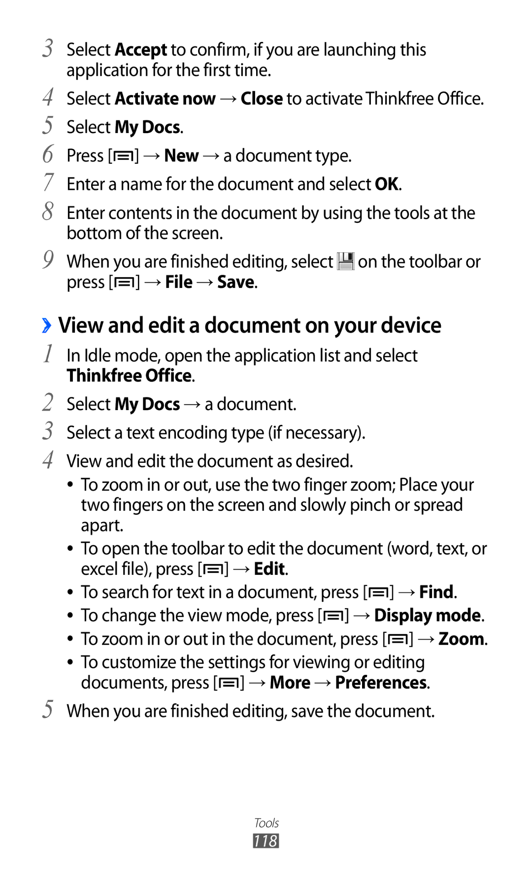 Samsung GT-S7500CWUSKZ ››View and edit a document on your device, When you are finished editing, save the document, 118 