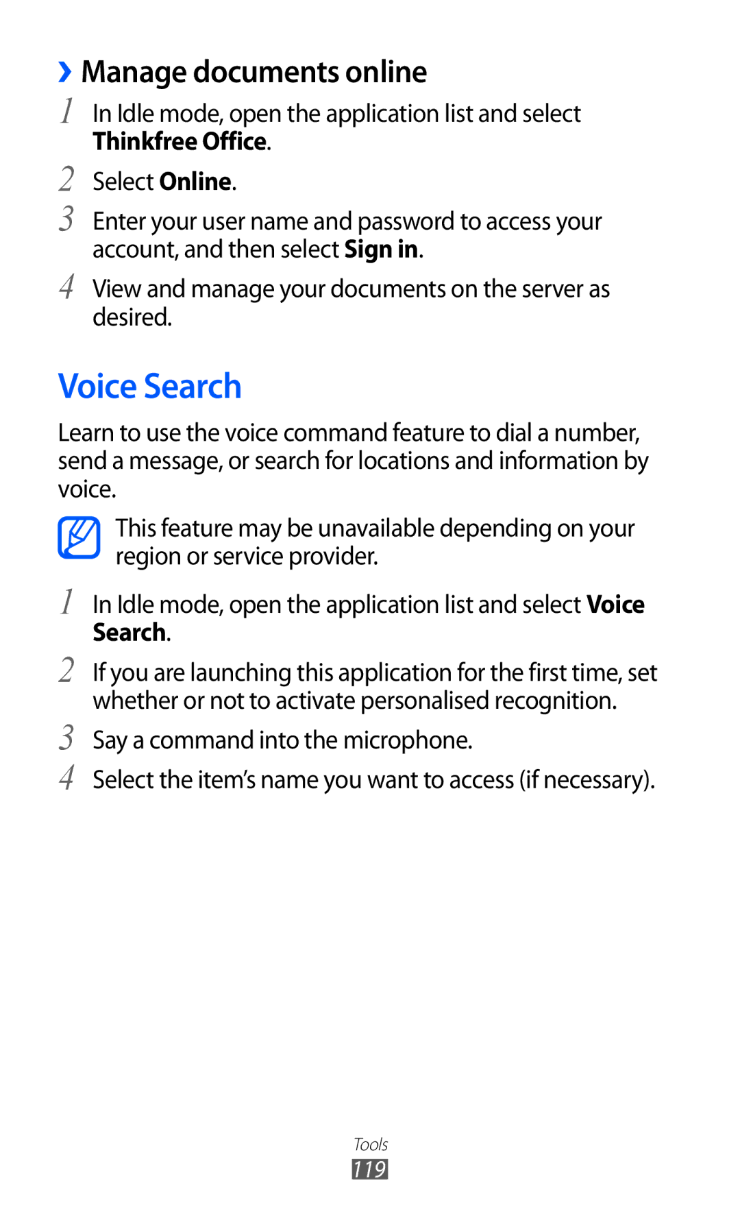 Samsung GT-S7500ABAMTL, GT-S7500CWATUR, GT-S7500ABADBT, GT-S7500CWADBT manual Voice Search, ››Manage documents online, 119 