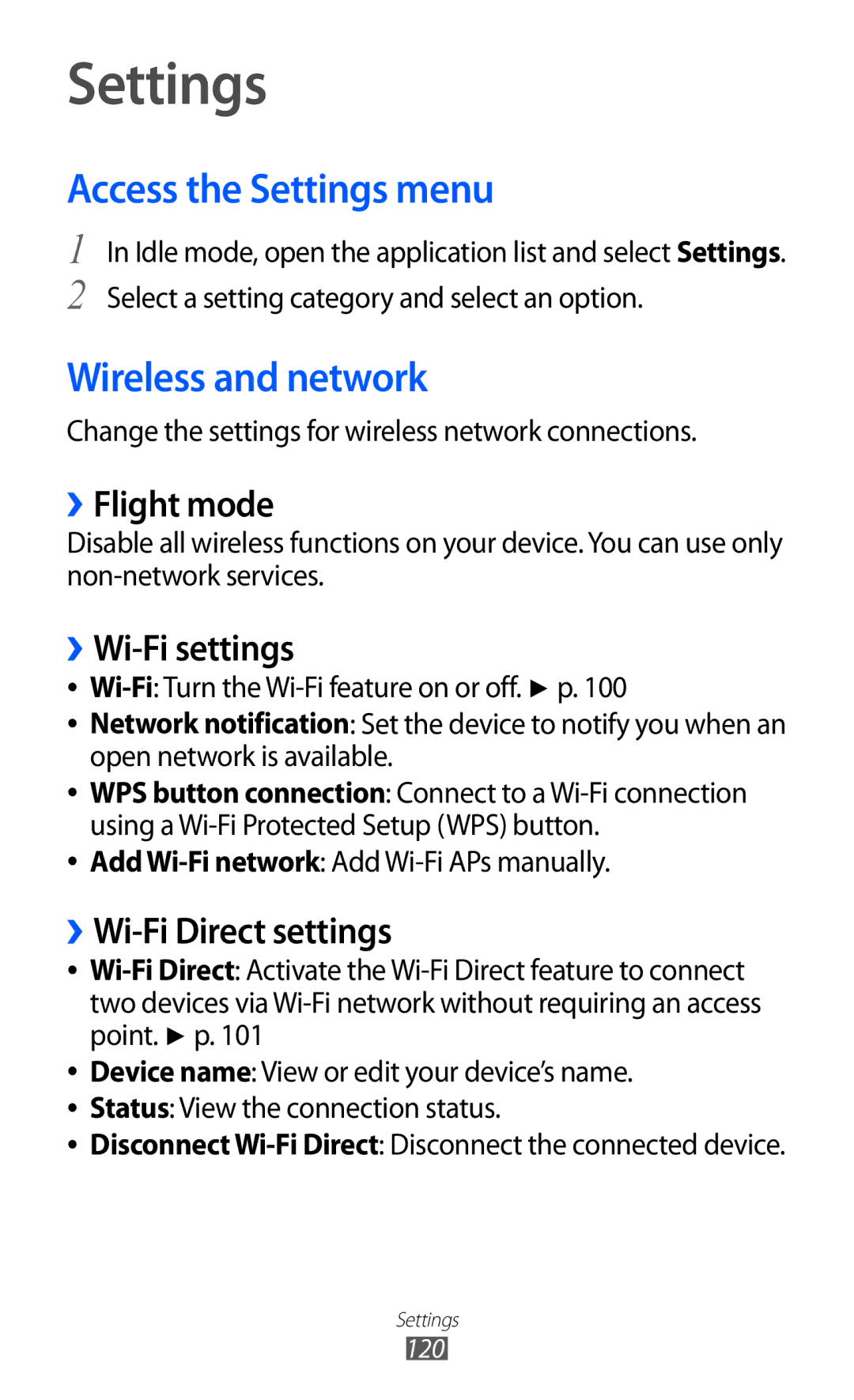 Samsung GT-S7500CWAMTL, GT-S7500CWATUR, GT-S7500ABADBT, GT-S7500CWADBT Access the Settings menu, Wireless and network 