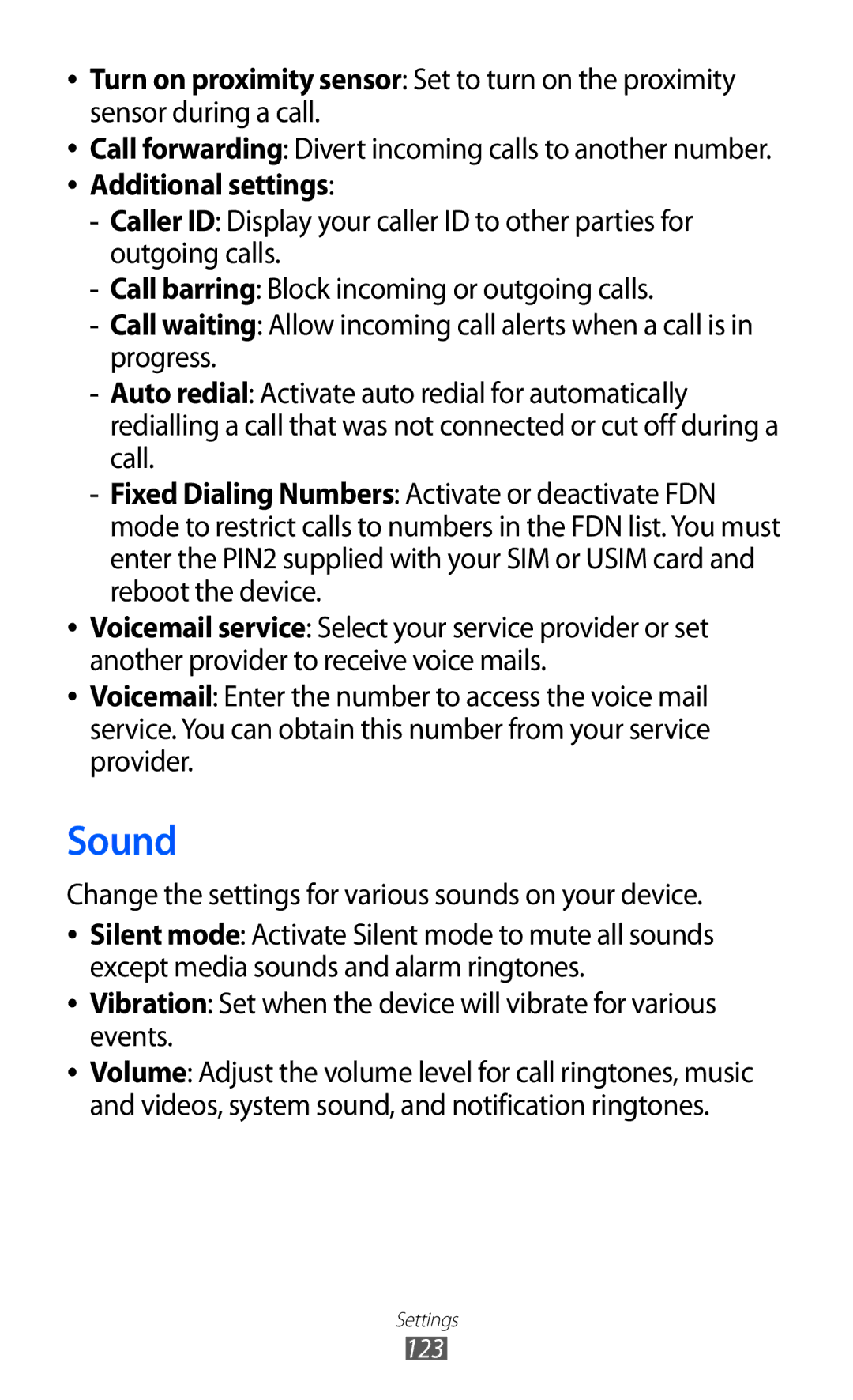 Samsung GT2S7500ABAVIP, GT-S7500CWATUR, GT-S7500ABADBT Sound, Change the settings for various sounds on your device, 123 