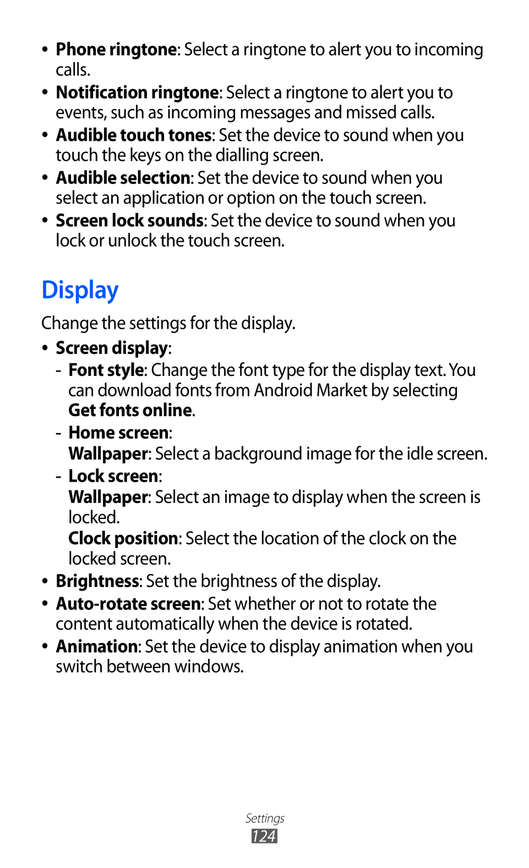 Samsung GT-S7500CWATWO manual Display, Change the settings for the display, Screen display, Home screen, Lock screen 