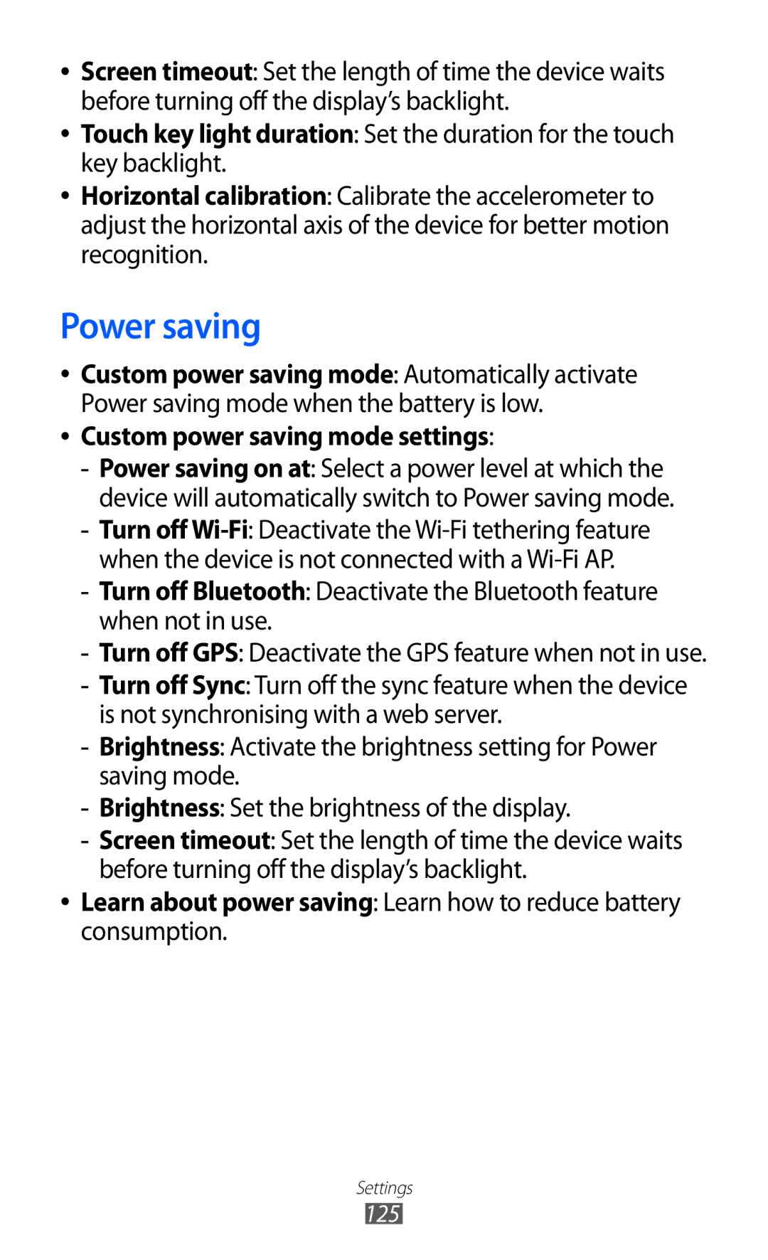 Samsung GT2S7500ABATWO, GT-S7500CWATUR, GT-S7500ABADBT, GT-S7500CWADBT Power saving, Custom power saving mode settings, 125 