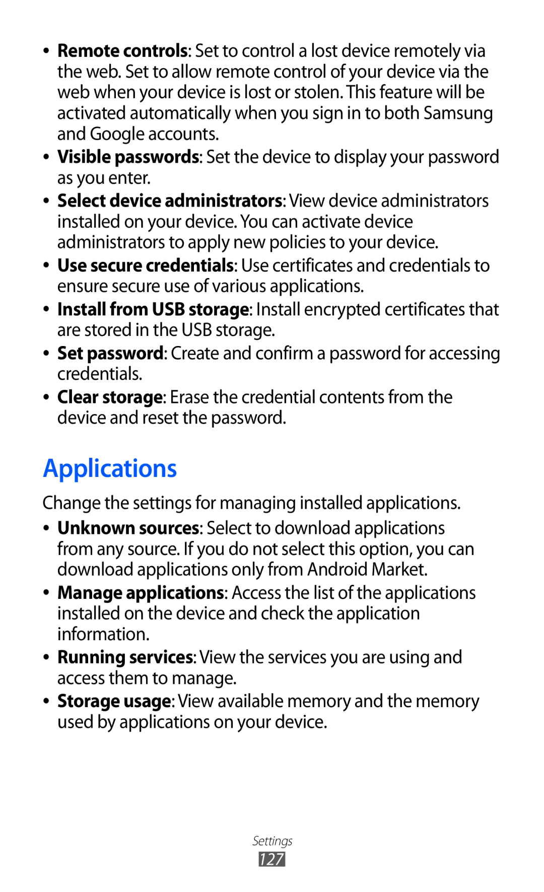 Samsung GT2S7500CWATWO, GT-S7500CWATUR, GT-S7500ABADBT, GT-S7500CWADBT, GT-S7500CWATCL, GT-S7500ABAATO manual Applications, 127 