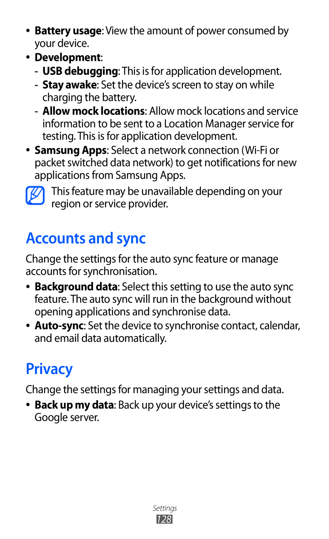 Samsung GT-S7500ABATWO, GT-S7500CWATUR, GT-S7500ABADBT, GT-S7500CWADBT manual Accounts and sync, Privacy, Development, 128 