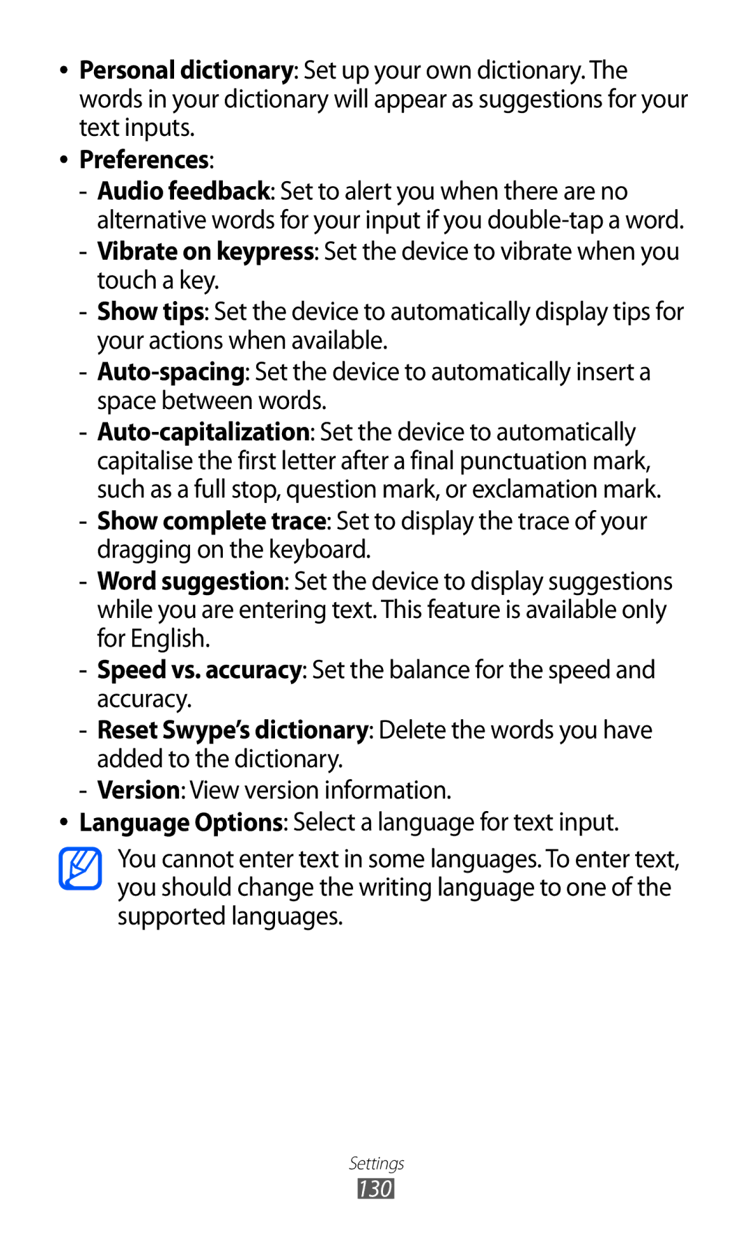 Samsung GT2S7500ABAXSK, GT-S7500CWATUR, GT-S7500ABADBT, GT-S7500CWADBT, GT-S7500CWATCL, GT-S7500ABAATO manual Preferences, 130 