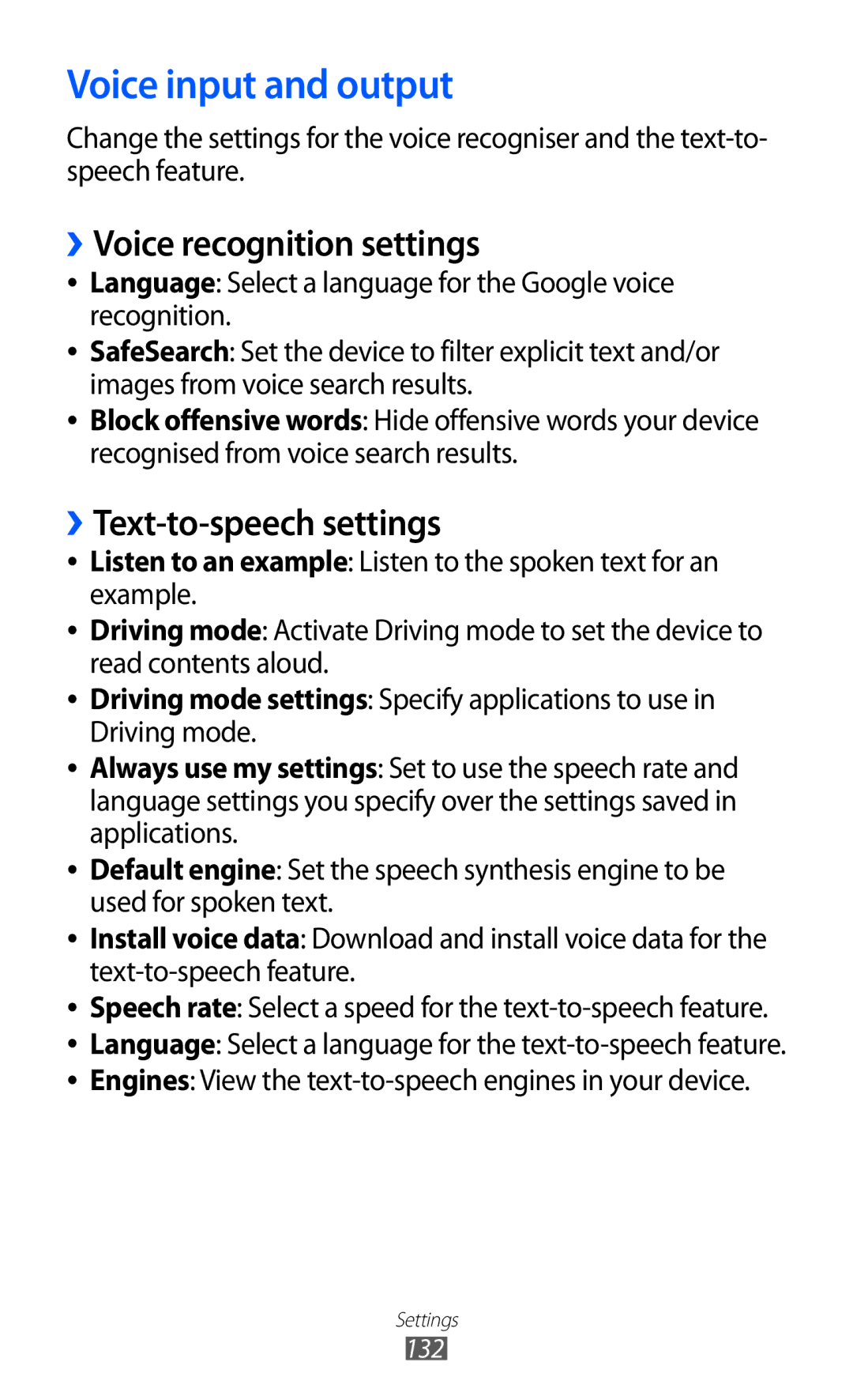 Samsung GT-S7500ABAXSK manual Voice input and output, ››Voice recognition settings, ››Text-to-speech settings, 132 