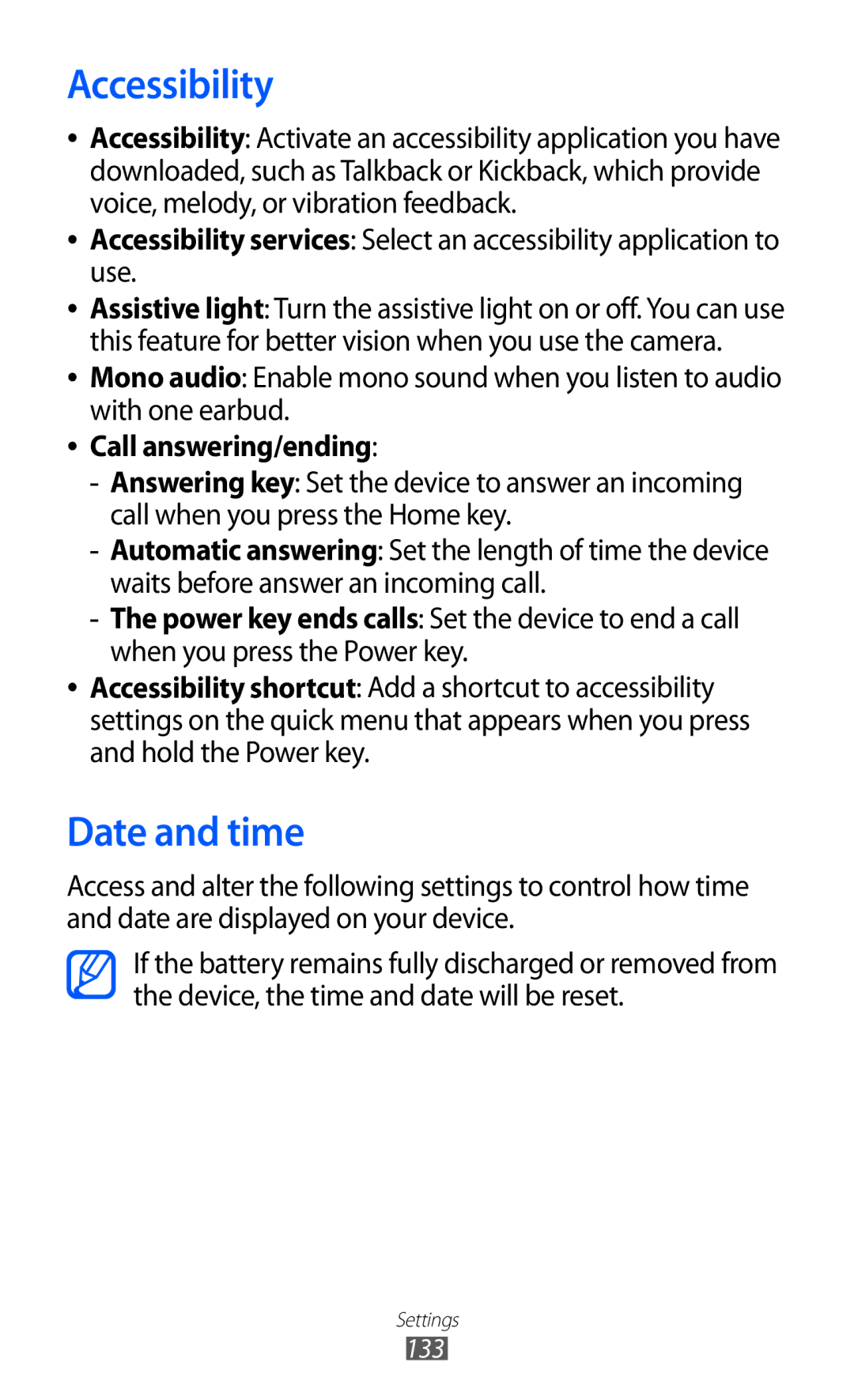 Samsung GT-S7500ABAVDC, GT-S7500CWATUR, GT-S7500ABADBT, GT-S7500CWADBT, GT-S7500CWATCL manual Accessibility, Date and time, 133 