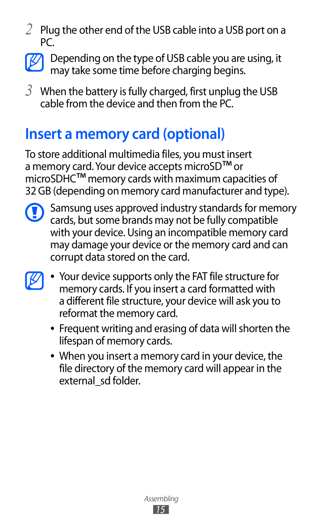 Samsung GT-S7500ABAOMN manual Insert a memory card optional, Plug the other end of the USB cable into a USB port on a PC 