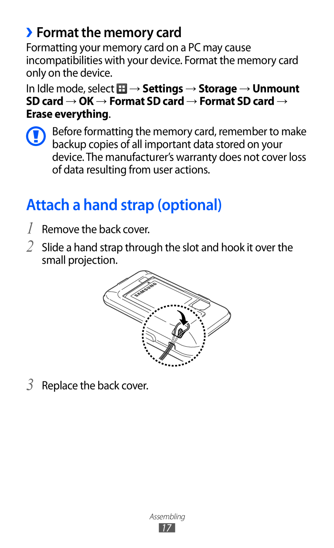 Samsung GT-S7500CWAOMN, GT-S7500CWATUR, GT-S7500ABADBT manual Attach a hand strap optional, ››Format the memory card 