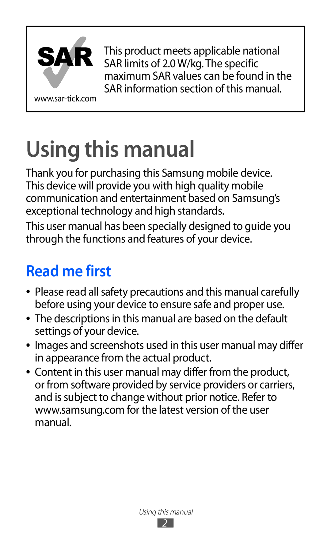 Samsung GT-S7500CWADBT, GT-S7500CWATUR, GT-S7500ABADBT, GT-S7500CWATCL, GT-S7500ABAATO Using this manual, Read me first 