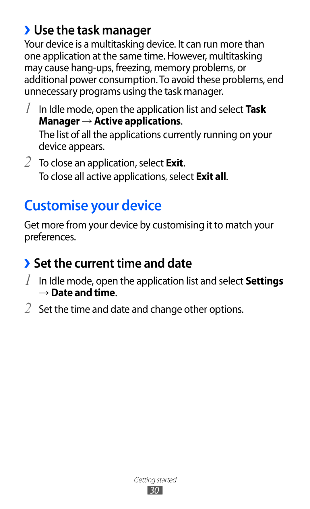 Samsung GT-S7500CWAEGY Customise your device, ››Use the task manager, ››Set the current time and date, → Date and time 