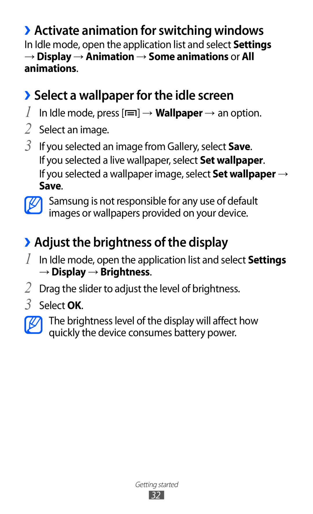 Samsung GT-S7500CWAAFR manual ››Activate animation for switching windows, ››Select a wallpaper for the idle screen 