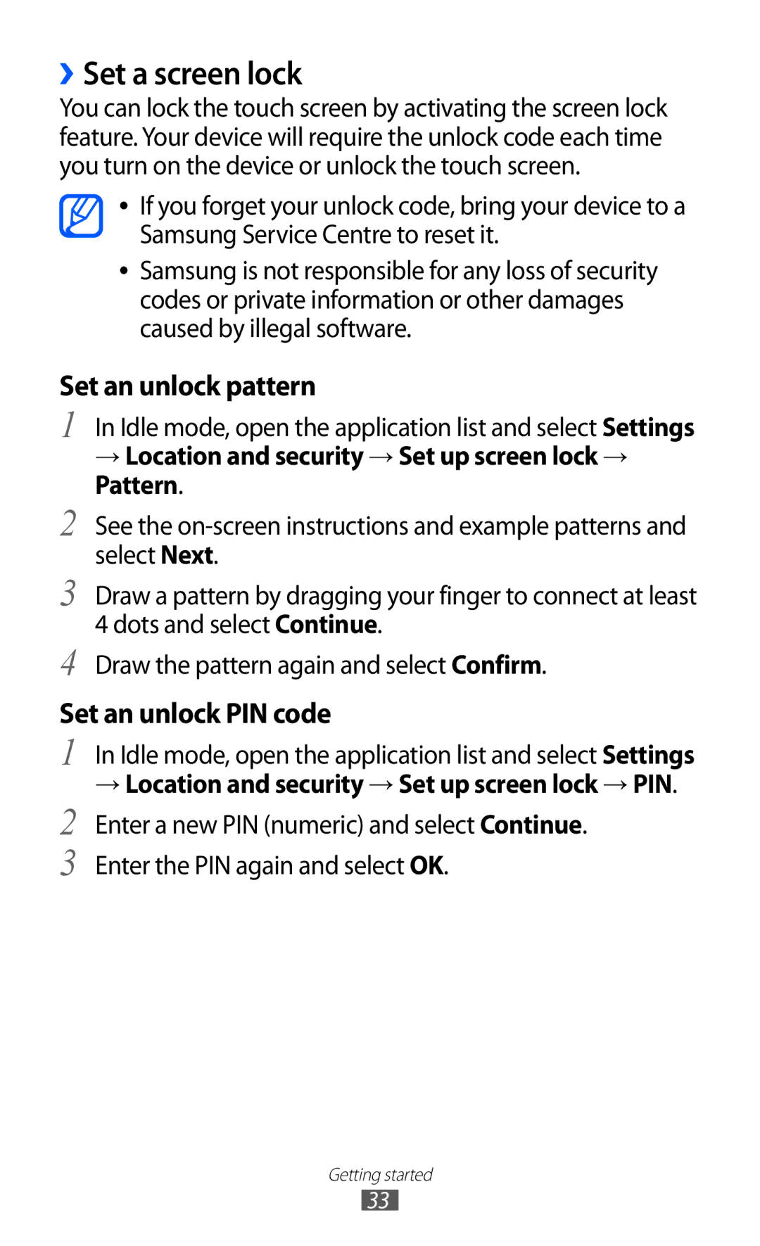 Samsung GT-S7500ABASKZ, GT-S7500CWATUR manual ››Set a screen lock, → Location and security → Set up screen lock → Pattern 