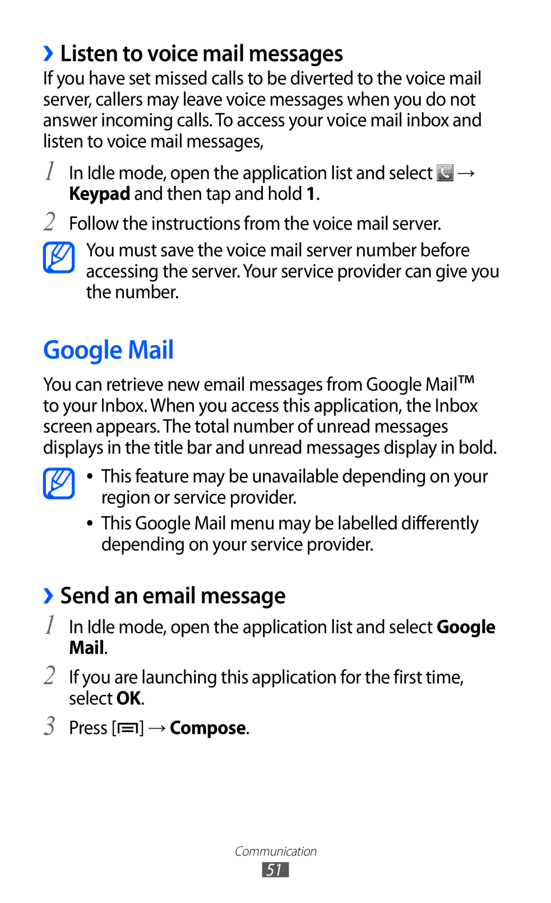 Samsung GT2S7500CWATWO, GT-S7500CWATUR manual Google Mail, ››Listen to voice mail messages, ››Send an email message 