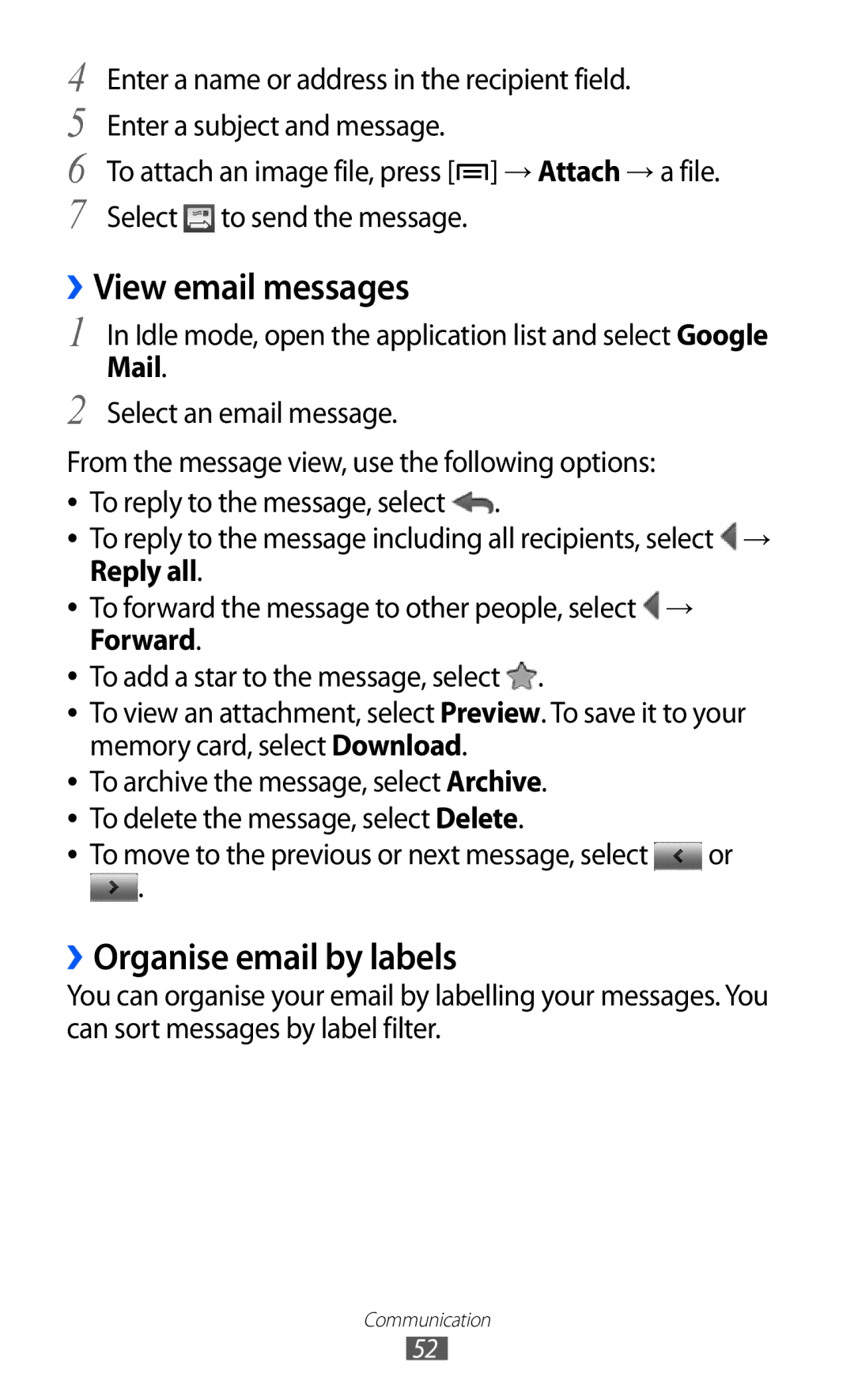 Samsung GT-S7500ABATWO, GT-S7500CWATUR, GT-S7500ABADBT manual ››View email messages, ››Organise email by labels, Mail 