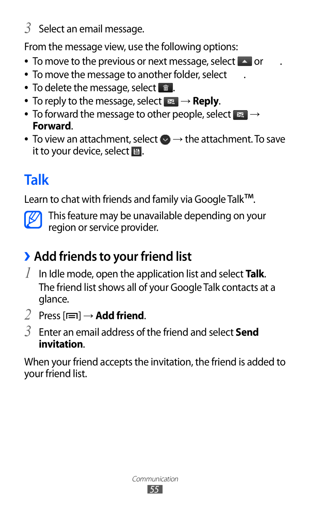 Samsung GT2S7500ABAVDC manual Talk, ››Add friends to your friend list, → Reply, Forward, It to your device, select 