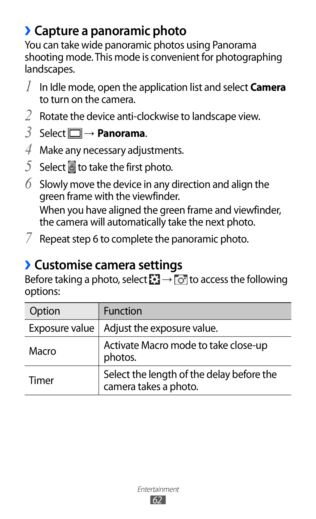 Samsung GT-S7500ABAVDH, GT-S7500CWATUR, GT-S7500ABADBT manual ››Capture a panoramic photo, ››Customise camera settings 