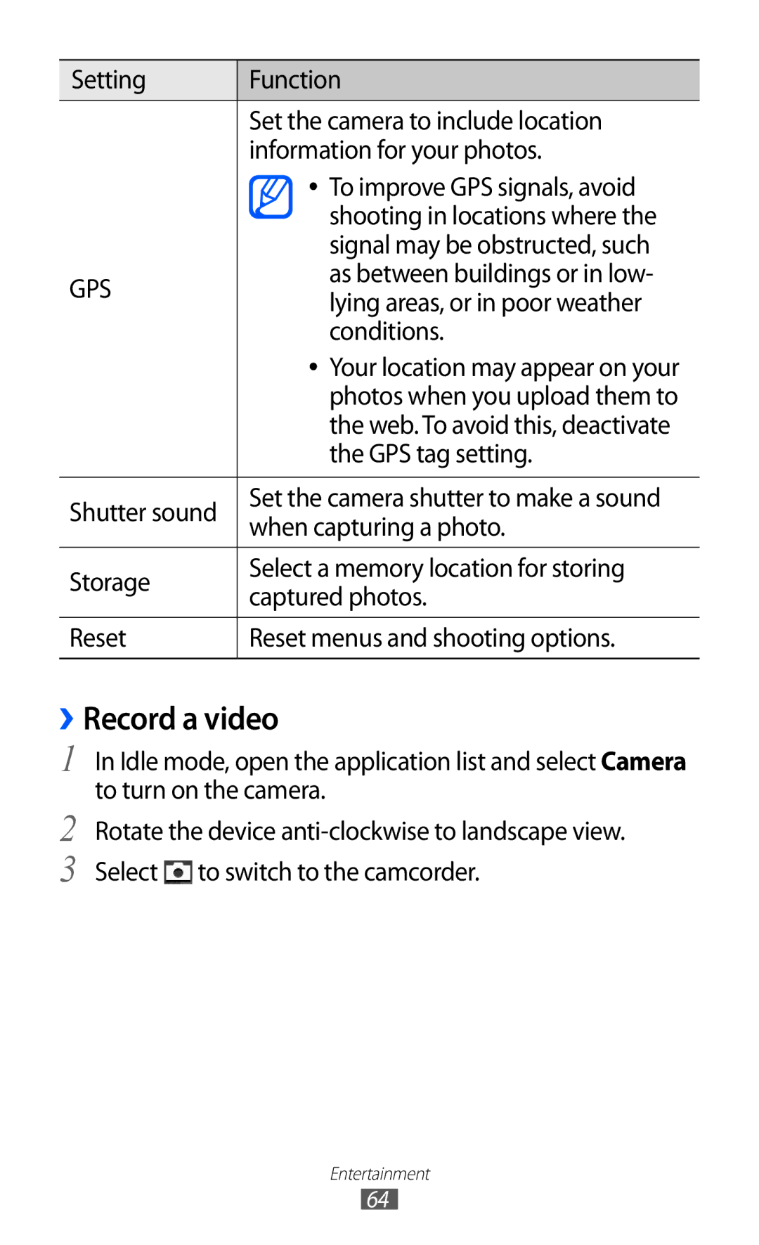 Samsung GT-S7500ABAXEH, GT-S7500CWATUR, GT-S7500ABADBT, GT-S7500CWADBT, GT-S7500CWATCL, GT-S7500ABAATO manual ››Record a video 