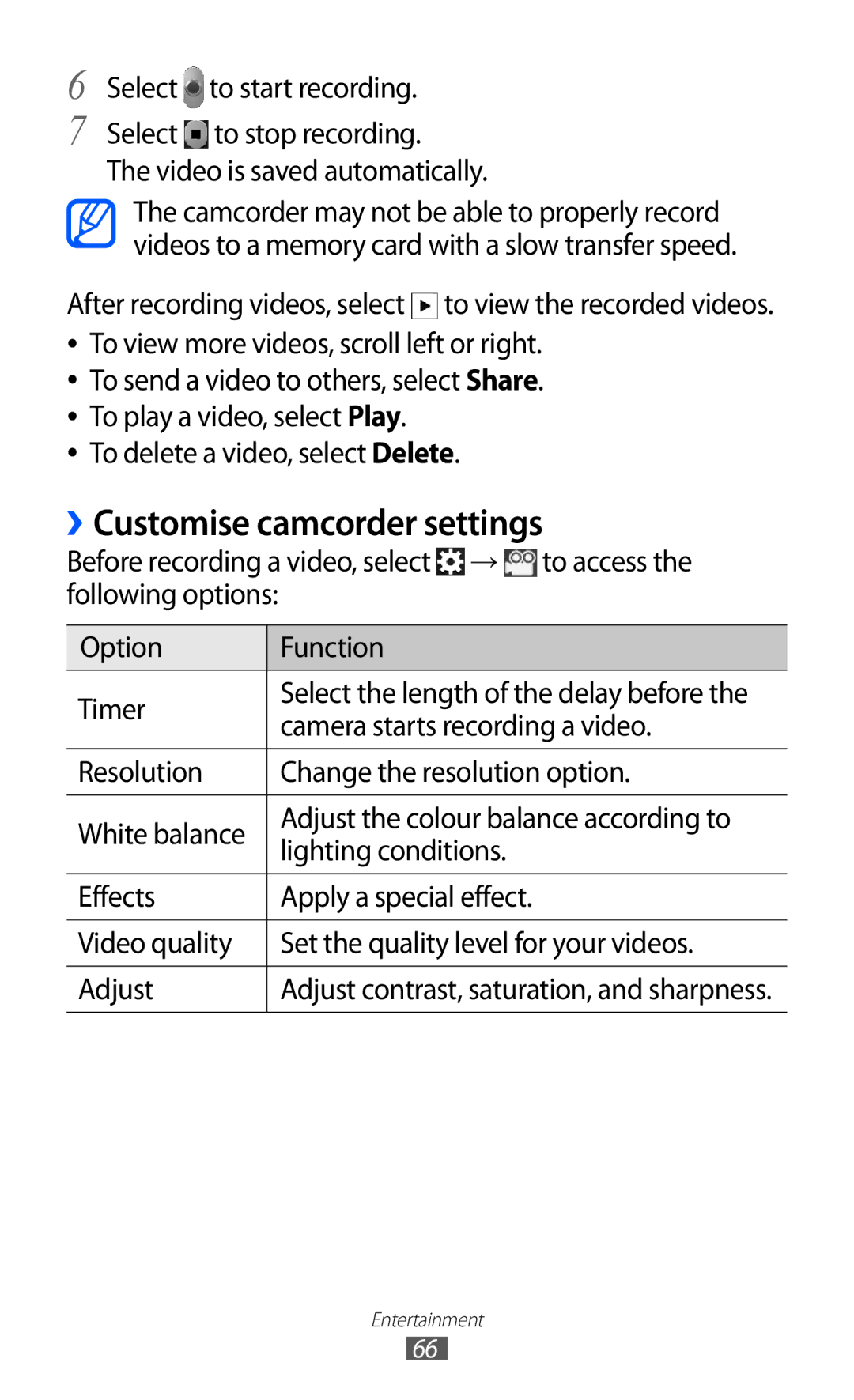 Samsung GT2S7500ABAVDH manual ››Customise camcorder settings, After recording videos, select to view the recorded videos 