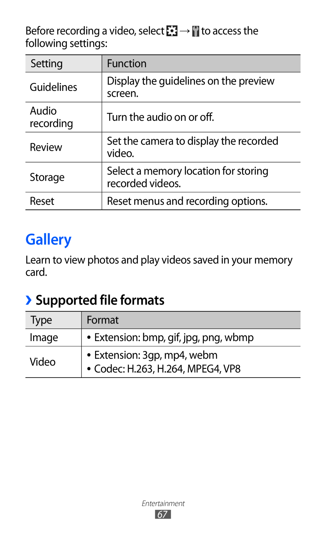 Samsung GT-S7500ABAAUT, GT-S7500CWATUR, GT-S7500ABADBT, GT-S7500CWADBT, GT-S7500CWATCL manual Gallery, Supported file formats 