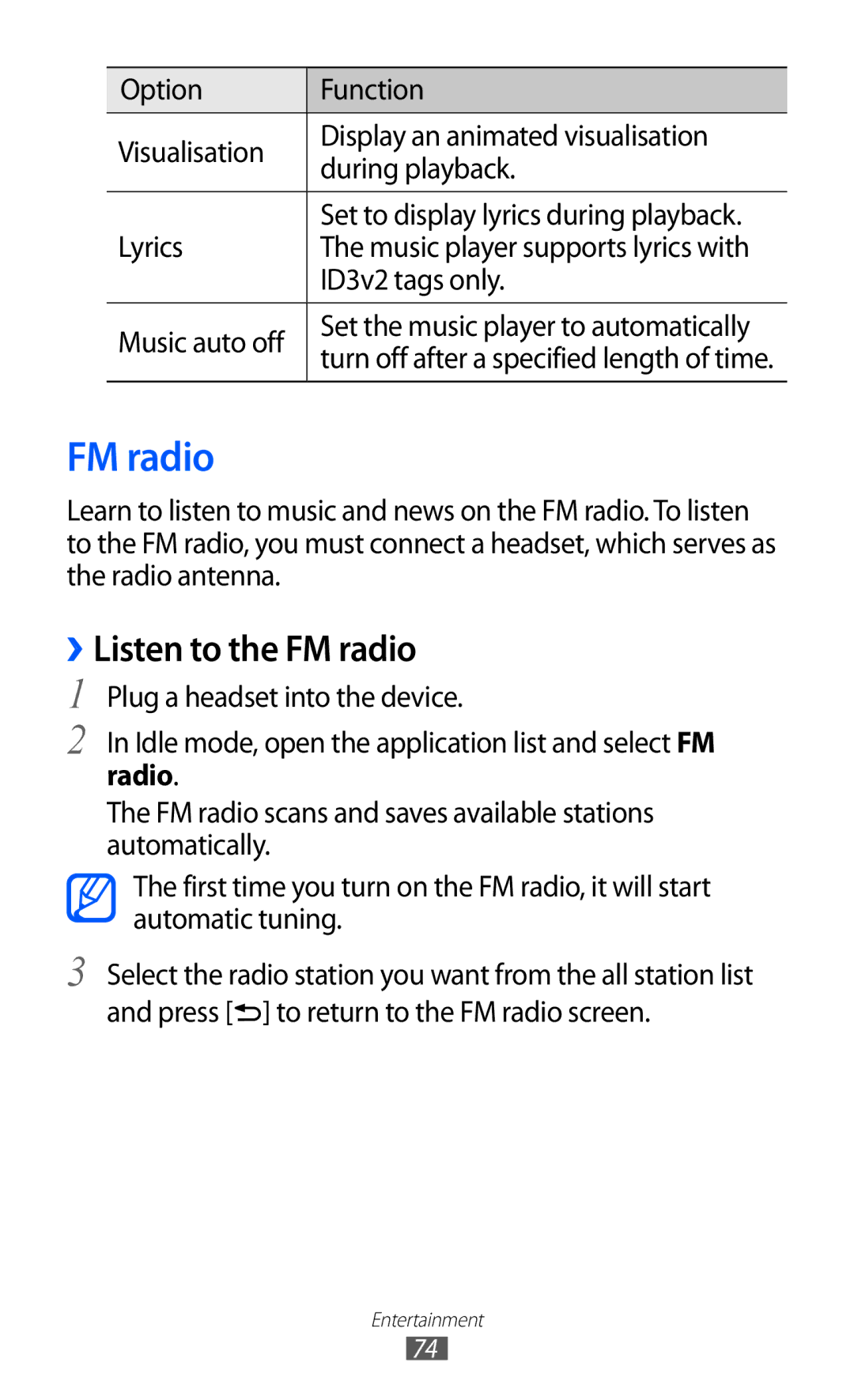 Samsung GT-S7500CWASER, GT-S7500CWATUR manual ››Listen to the FM radio, Lyrics, ID3v2 tags only, Music auto off 